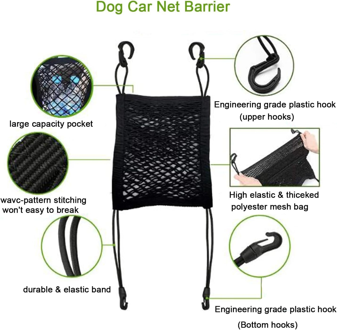 Car Seat Mesh Tidy Storage Net, 1Pc Dog Car Net Barrier with with 4 Hooks, Pet Safety Barrier Vehicle Mesh Organizer Seat Back Net, Dog Barrier Disturb Stopper Storage Pouch image number 4