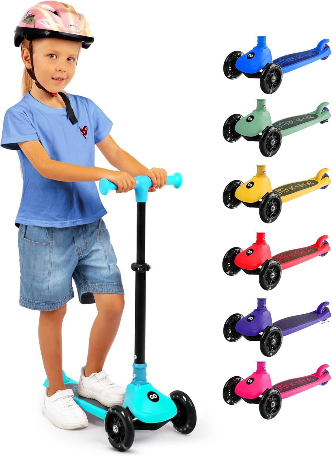 Serenelife 3 Wheel Scooter for Toddlers & Kids, Foldable Seat, LED Wheels, Adjustable Handlebar, Anti-Slip Deck, Rear Foot Brake, Lean-To-Steer, Kid Scooter Ages 18M&ndash;7Y, Supports up to 50 Kg.