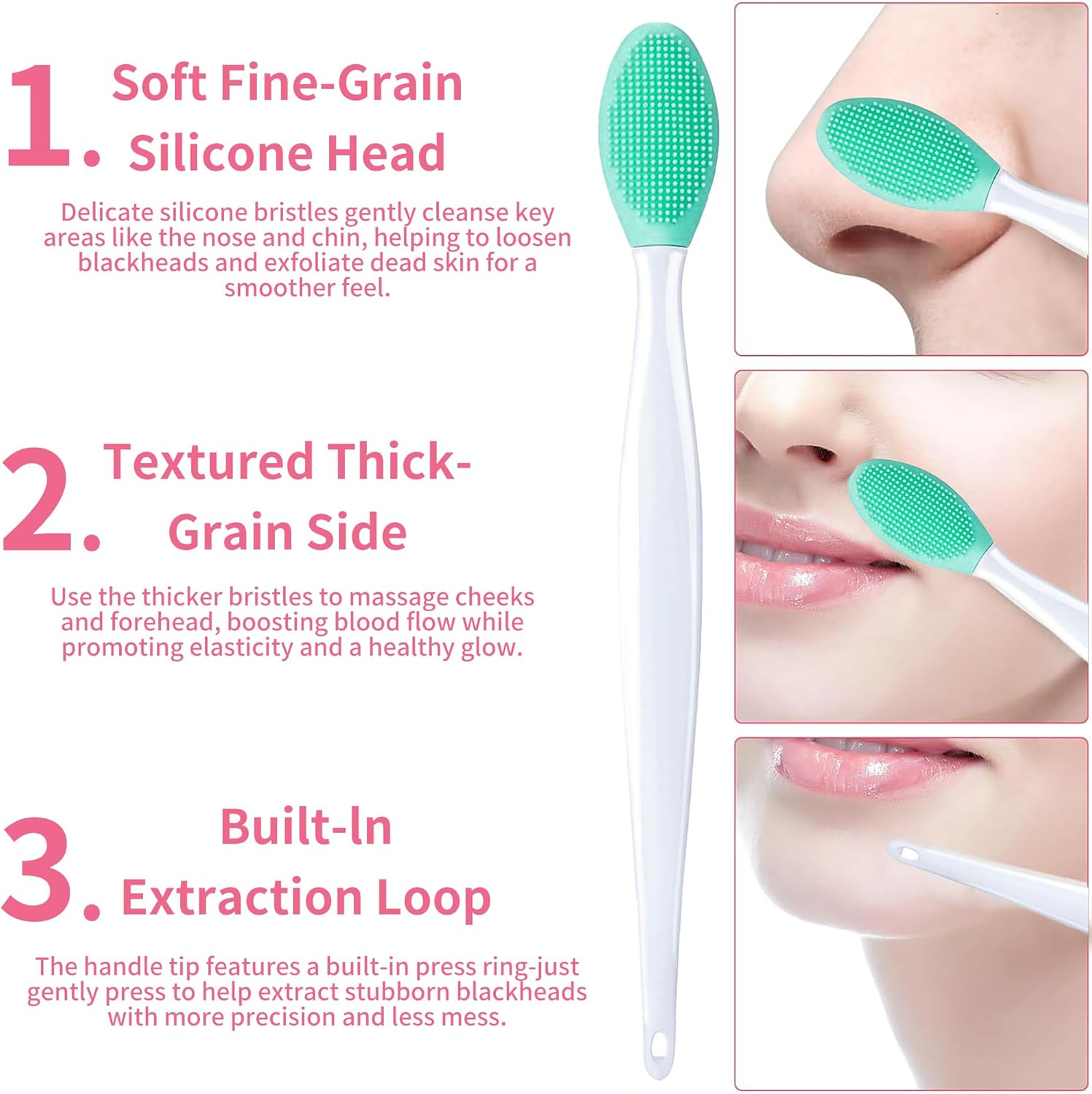 Silicone Blackhead Remover Tool and Pore Cleansing Brush, 5Pcs Face Scrubber Set with Facial Cleansing Brush, Face Mask Applicator, Deep Pore Scraper Kit for Women and Men image number 3