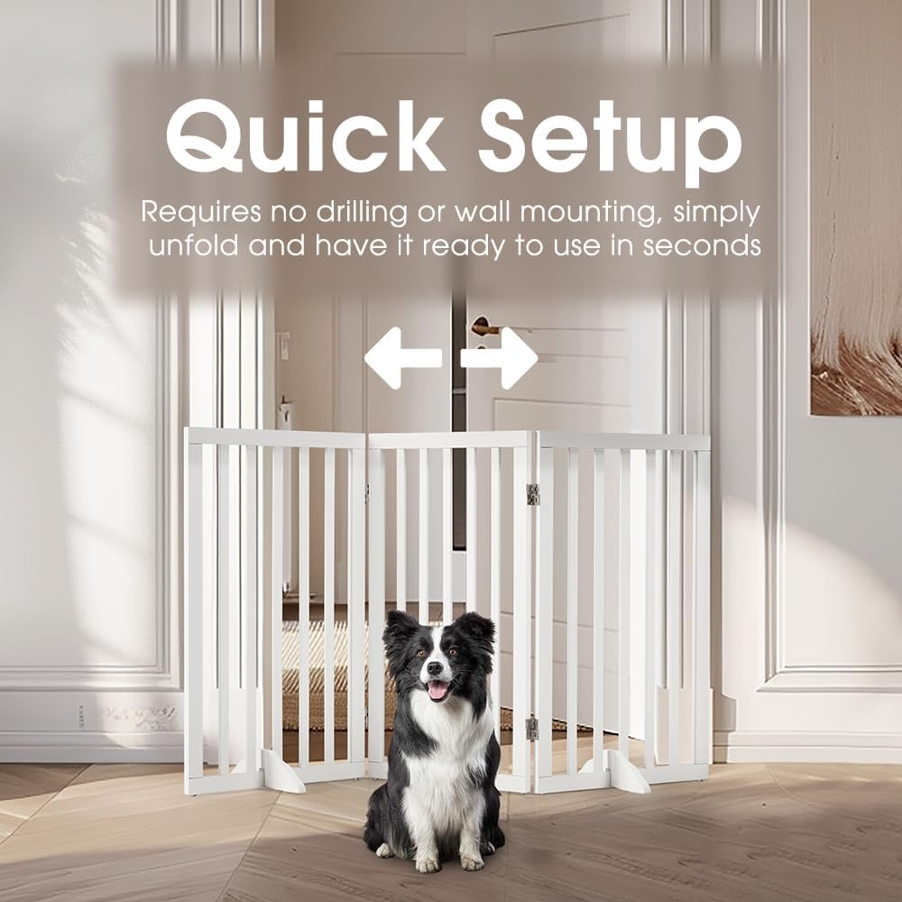 Petzly Foldable Dog Gate with Support Feet, Freestanding Pet Gate for Puppy Small Medium Dogs, Dog Fence for House Stairs Doorway Bedrooms, No Drill Pet Barrier, 3 Panels Fence, White - 141CM X 80CM image number 1