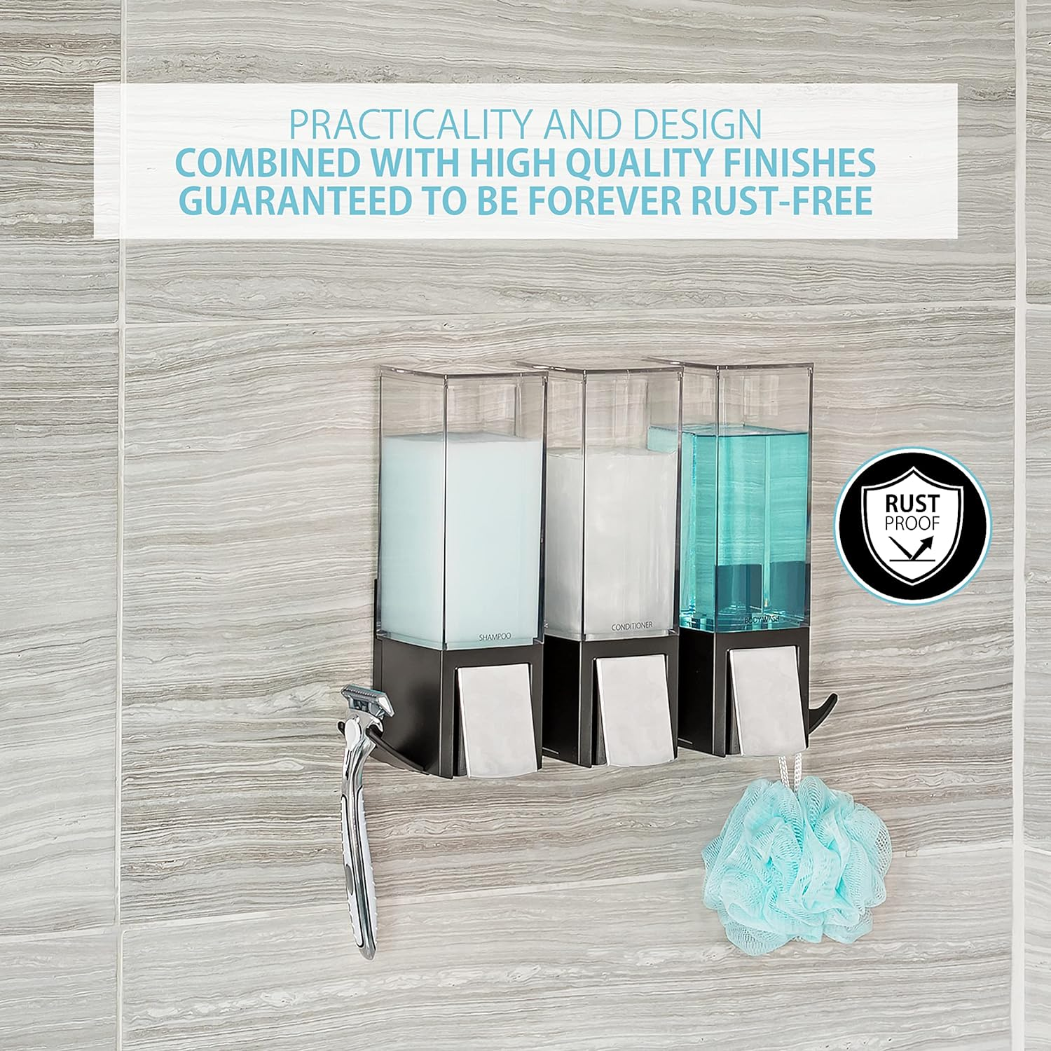 Better Living Products 77384 Clever Soap and Shower Triple Dispenser, Black/Chrome