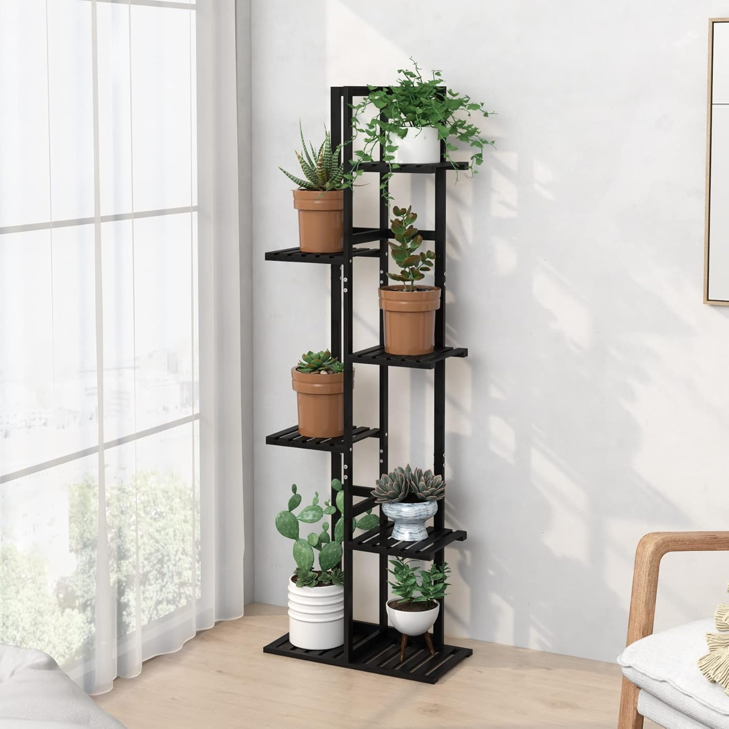 Laiensia Bamboo Plant Stand Rack 6 Tier,Multiple Stand Holder Shelf Rack, Indoor&Outdoor Planter Display Shelves for Patio Garden, Living Room, Corner Balcony and Bedroom,Black image number 5