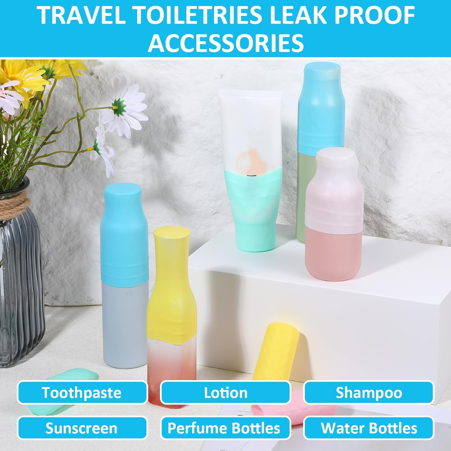 Gtziqa 10 Pcs Silicone Bottle Covers for Travel, Leak-Proof Elastic Sleeves for Toiletries, Cruise Beach Vacation Essentials, Women Men Airplane Trips Travel Size Toiletries Accessories (5 Colors) image number 4