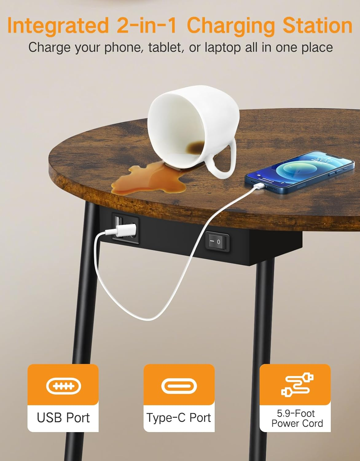 OUTON Floor Lamp with Table, Shelf Floor Lamp with Charging Station, 3 Color Temperatures 12W LED Bulb, Standing Lamp with Fabric Basket for Bedroom Living Room Office, Rustic Brown image number 5