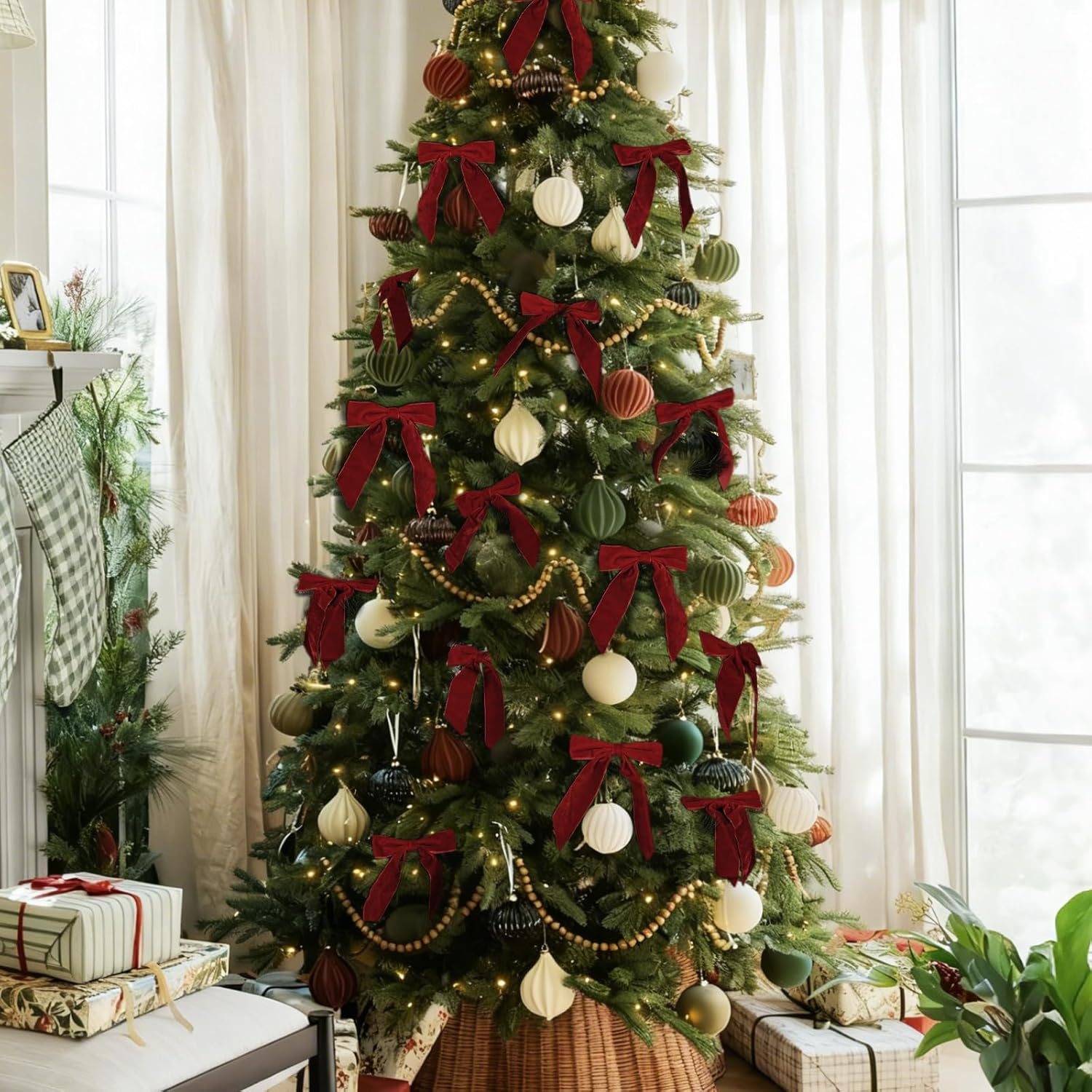 Christmas Decorations - Christmas Bows - 24 Pcs 7 X 6 Inch Medium Wine Red Velvet Bows for Christmas Tree - Burgundy Xmas Ribbon Ornaments - Home Decor for Wreath Garland Gift Wrapping Wedding Party image number 6