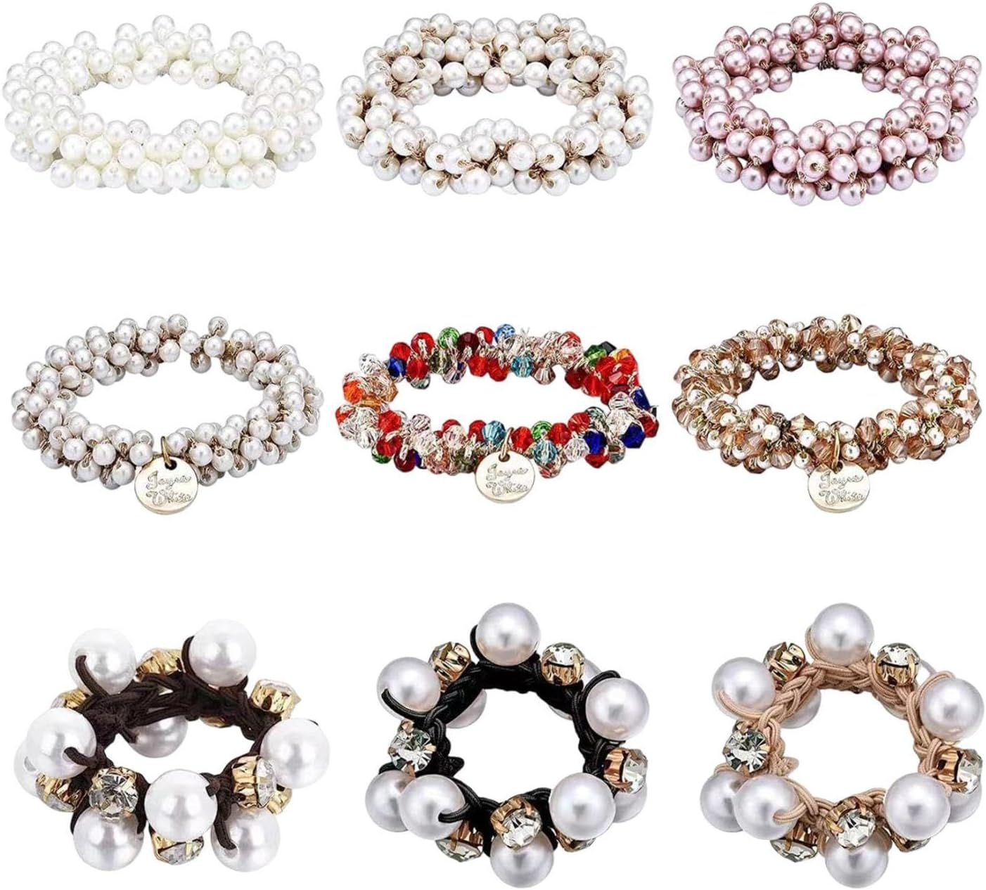 Pack of 9 Crystal Pearl Hair Bobbles for Women'S Hair, Elastic Hair Rope Decoration, Elastic Pearl Hair Ties, Fashionable Ponytail Hair Bobbles image number 3
