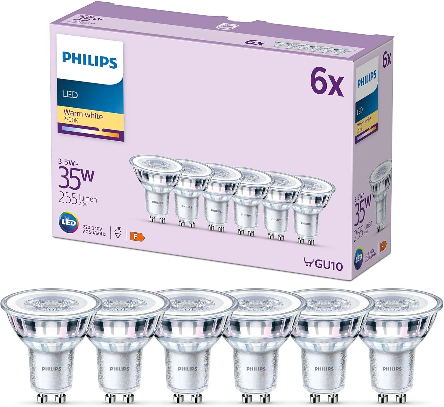 Philips LED Classic Spot Light Bulb 6 Pack [Cool White 4000K - GU10] 50W, Non Dimmable. for Home Indoor Lighting