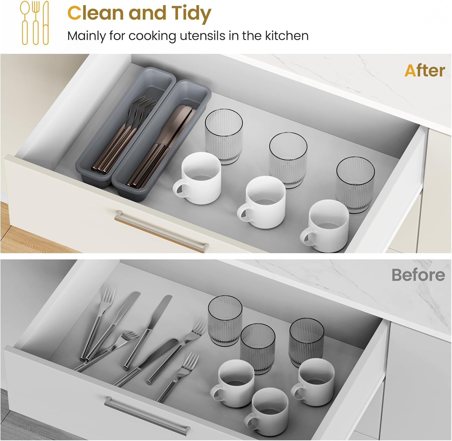 2 Pack Silicone Cutlery Drawer Organiser, Kitchen Utensil Drawer Organiser, DIY Free Combination Silverware Organizer, Moisture-Proof and Heat-Resistant up to 200&deg;C, Anti-Slip and Environmentally image number 1