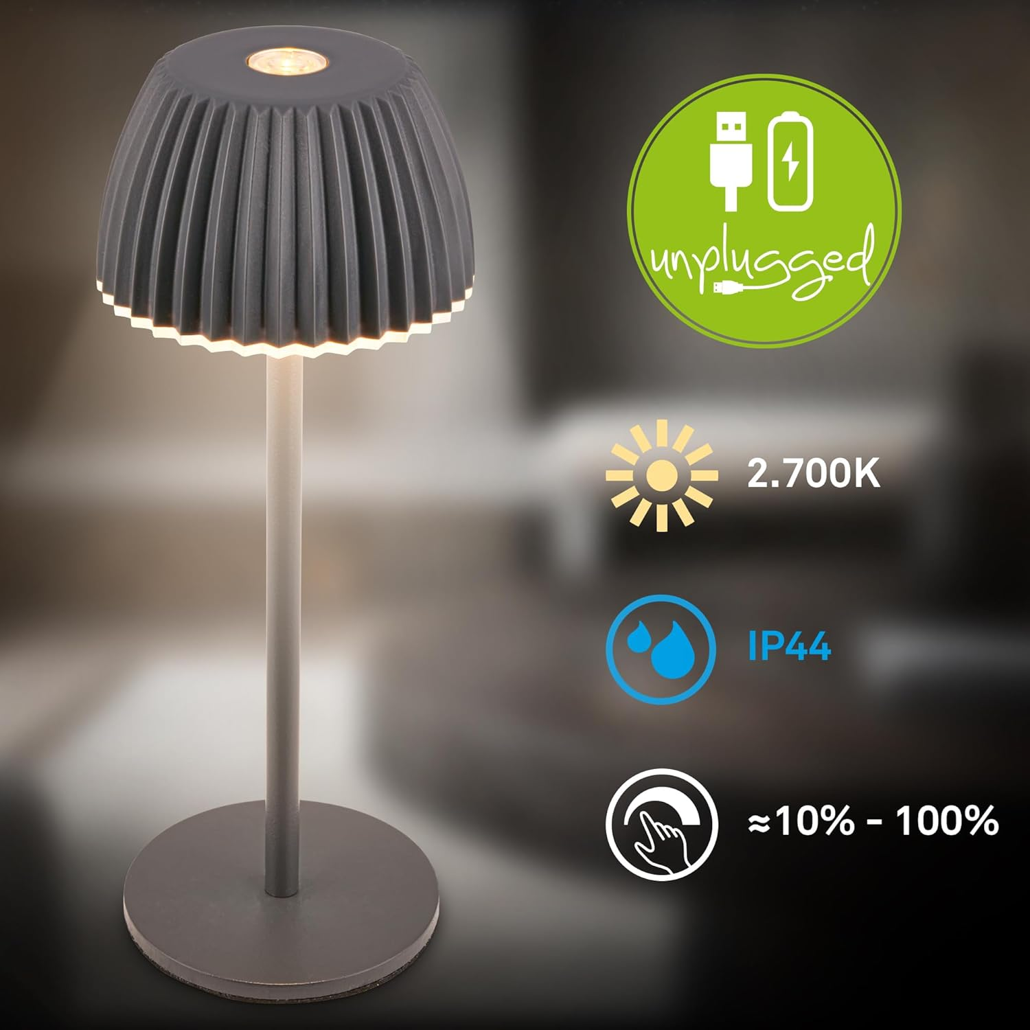 BRILONER - Riffle Nano LED Table Lamp Wireless IP44 with Light Edge, 6 X 15.5 Cm, Touch Dimmer, Battery Replaceable, Bedside Lamp, LED Lamp, Battery Lamp, German Design Award Winner 2025, Anthracite image number 4
