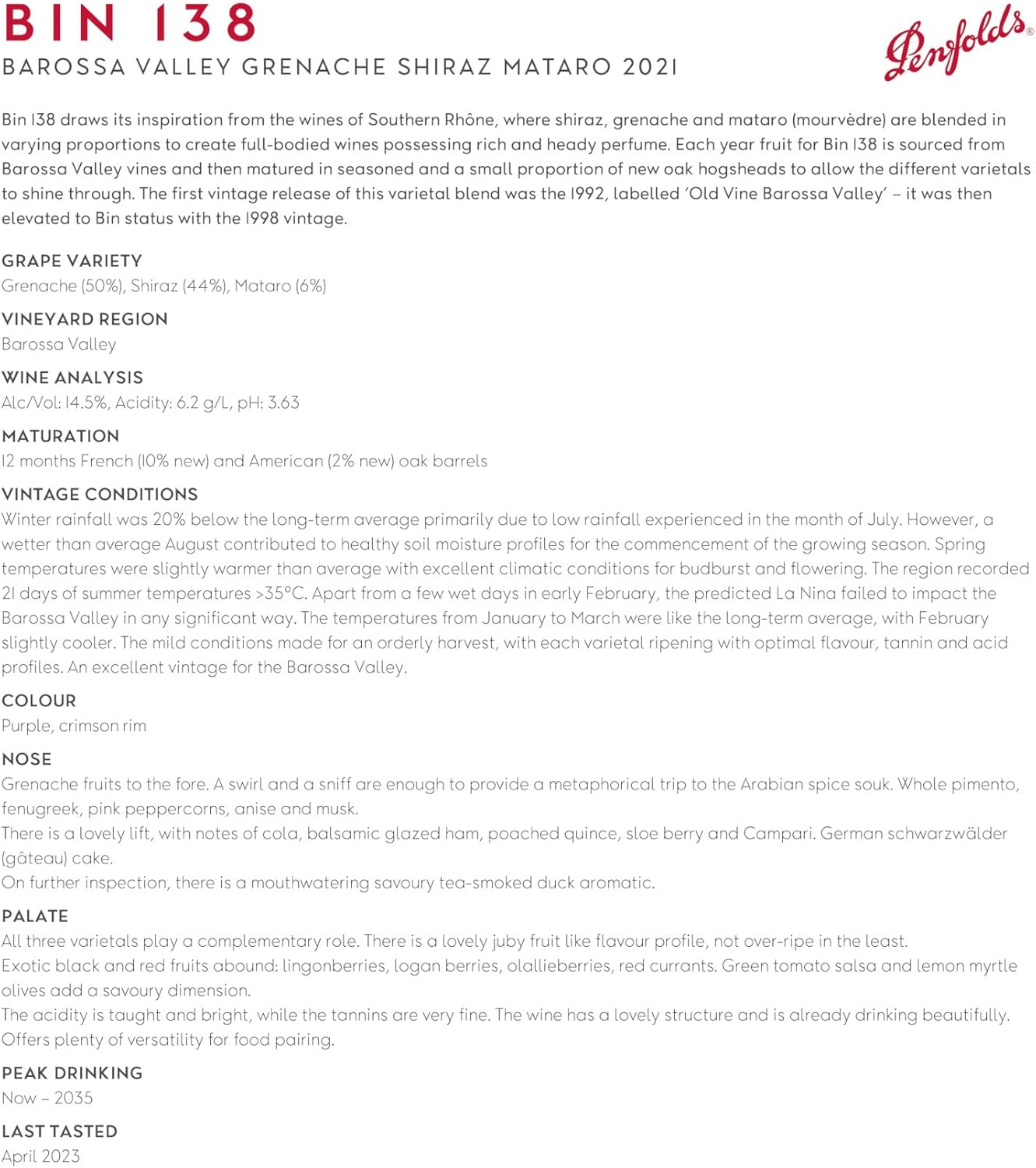 Penfolds 2021 Bin 138 Barossa Valley Grenache Shiraz Mataro Wine 750 Ml