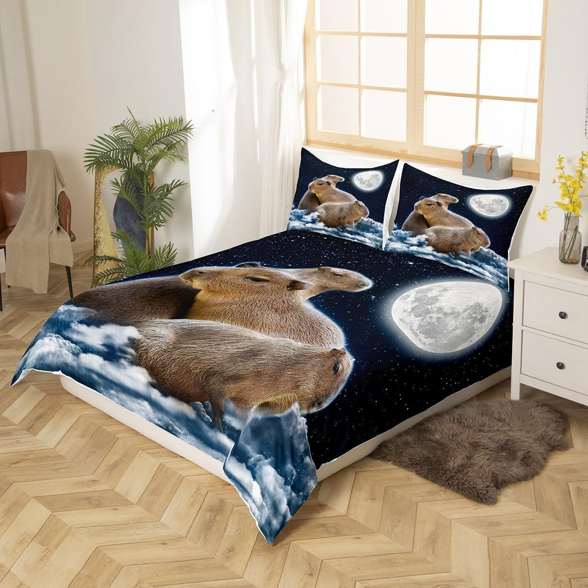 Homewish Children'S Capybaras Duvet Cover 155 X 220 Cm Cartoon 3D Animal Bedding Set Funny Rodent Animal for Teens Girls Boys Galaxy Starry Moon Duvet Cover for Capybara Lovers Home Decor image number 5