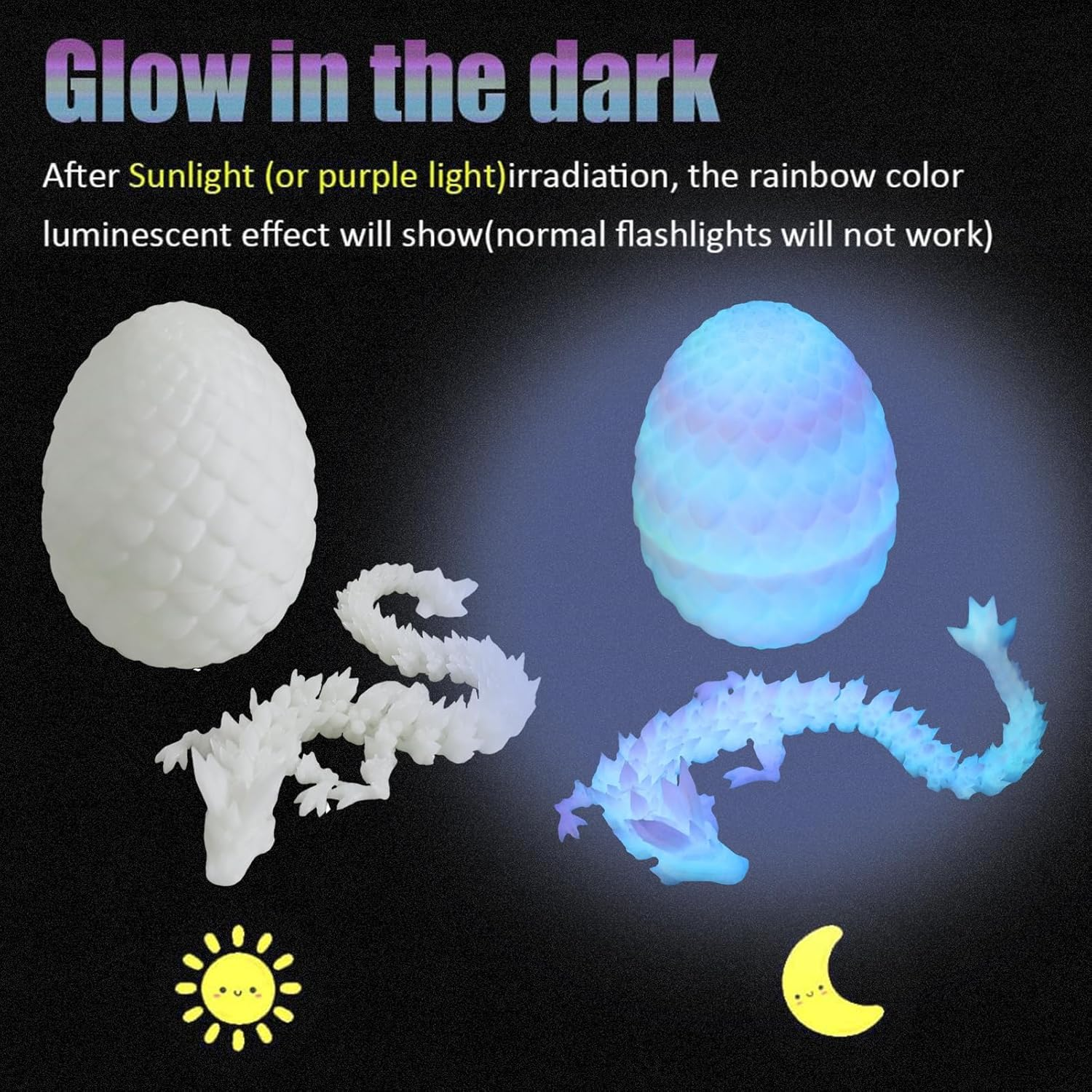 3D Printed Rainbow Dragon Eggs with 11" Articulated Dragon inside - Glow in the Dark Surprise Egg, Stress Relief & Focus Promotion, Home & Office Decor image number 6