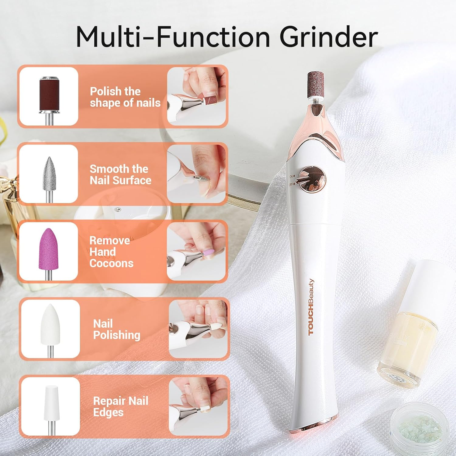 Touchbeauty Electric Nail Cutter, 5-In-1 Electric Nail File Wireless Manicure Pedicure Set with Holder and UV LED Nail Dryer for Home and Salon AG-1335C (Gold) image number 3