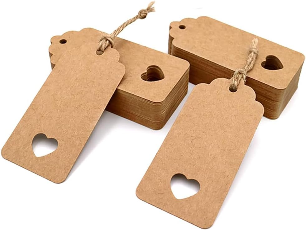 Set of 200 DIY Blank Kraft Paper Hang Tags with Heart Cutout - Ideal for Luggage, Wedding, Party Favor, Gift Cards - Size 3.5 X 1.6 Inches