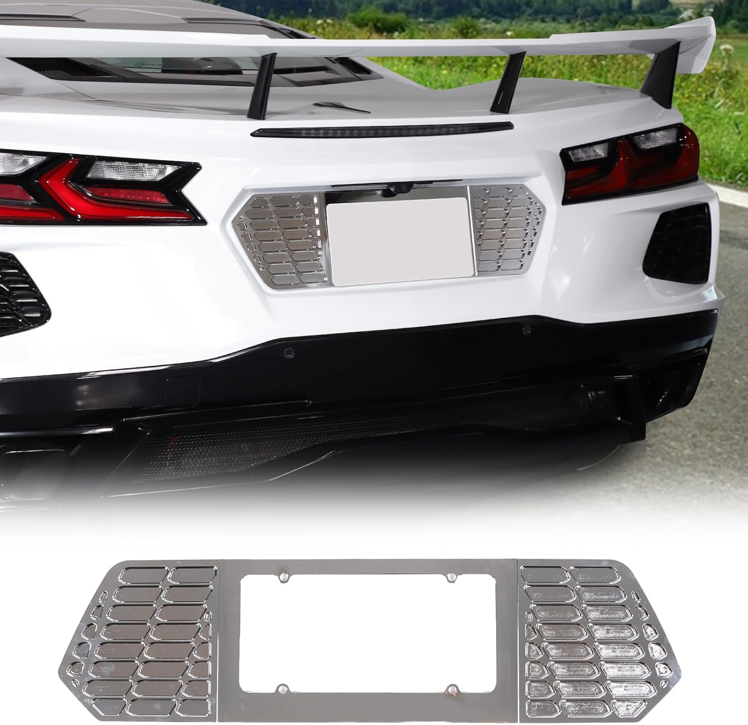 Rear License Frame Compatible with Chevrolet Corvette C8 2020-2025, Aluminum License Plate Frame Grill Vent Insert, License Plate Trim Base Accessories (Bright Black)