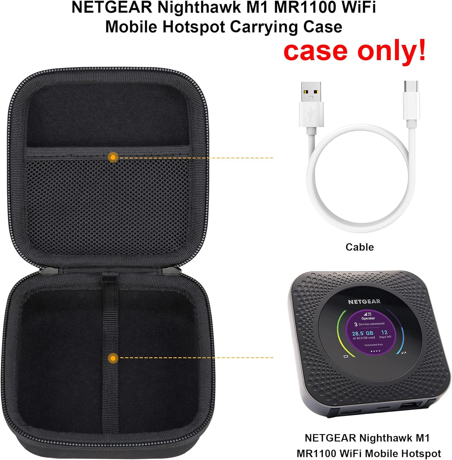 Elonbo Carrying Case for NETGEAR Nighthawk M1 MR1100 / M5 MR5200 / M6 / M6 Pro MR6500 5G Wireless Wifi Mobile Hotspot Router, Extra Interior Mesh Pocket Fits Cable, Black. (CASE ONLY) image number 6