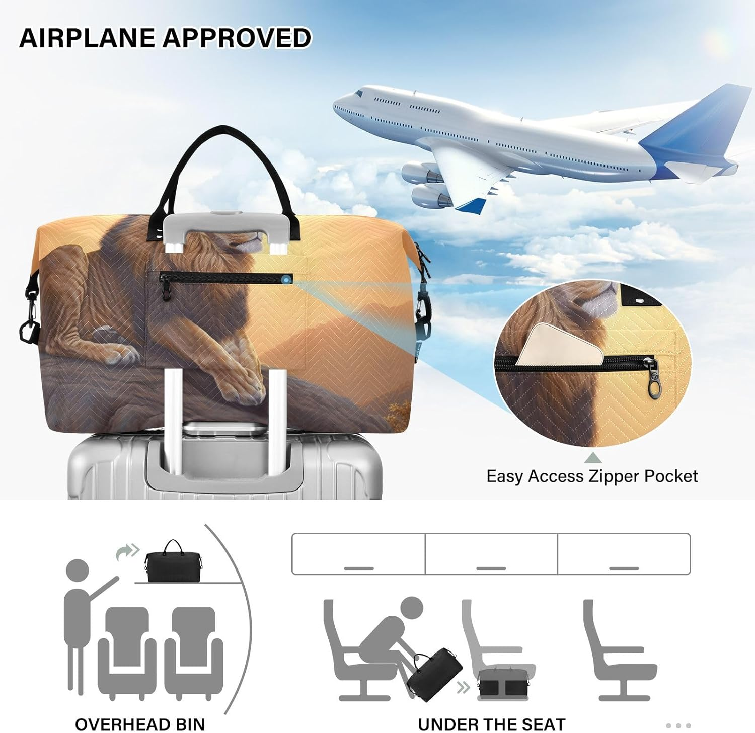 XYMZR Large Travel Duffel Bag, Lion Rock Sports Tote Gym Bag, Shoulder Weekender Overnight Bag for Women Men, Carry on Luggage with Toiletry Bags, Multi-Colored, Multi-Colored image number 3