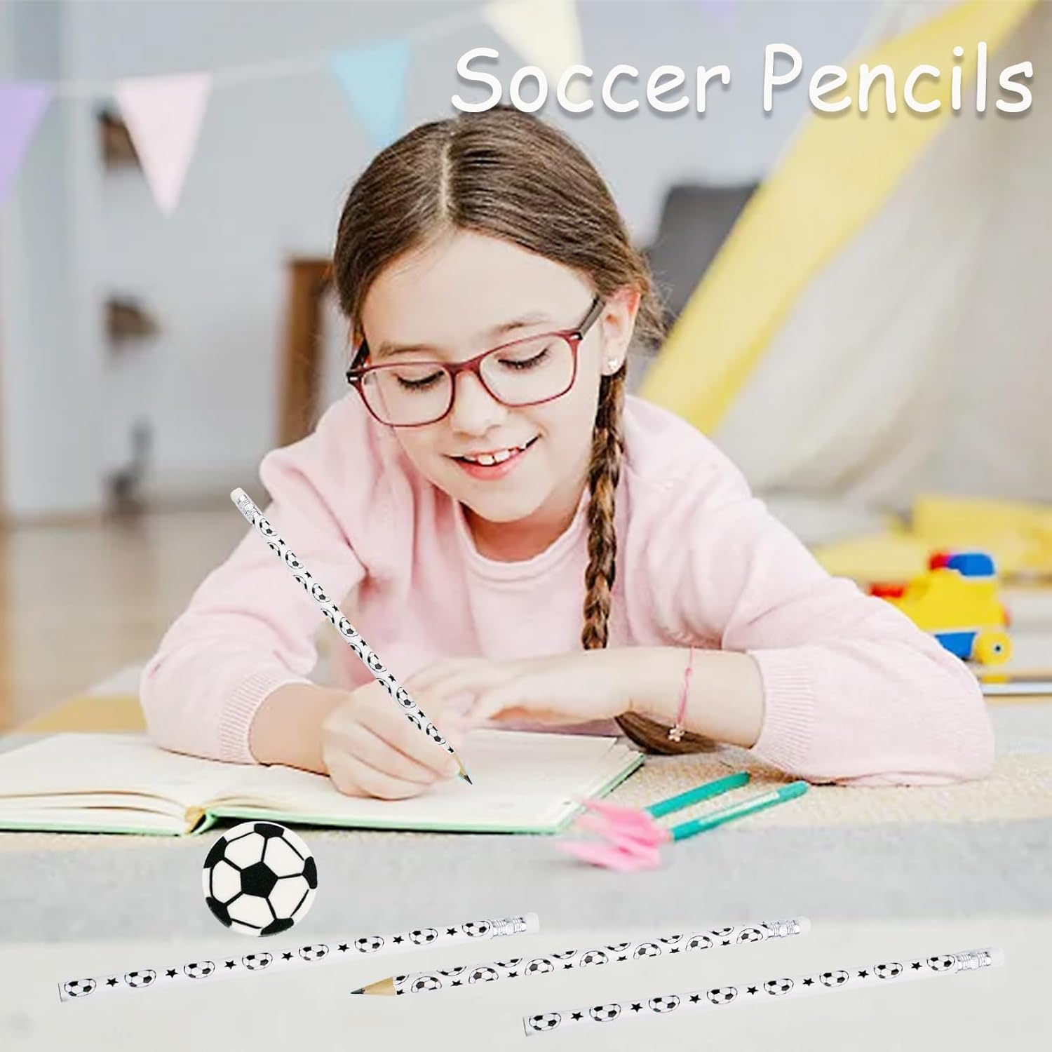 36 Pcs Soccer Pencils Soccer Erasers Sports Pencils with 36 Pcs Sports Ball Erasers Wooden Themed Pencils & Erasers Set for Party Favors, Birthday,School & Office Supplies image number 3