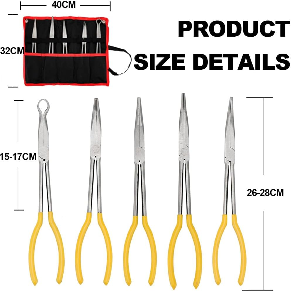 5-Piece 11-Inch Pliers Set: Long Nose, Straight, Bent Nose (25&deg;, 45&deg;, 90&deg;) & round Pliers for Car Repair image number 5