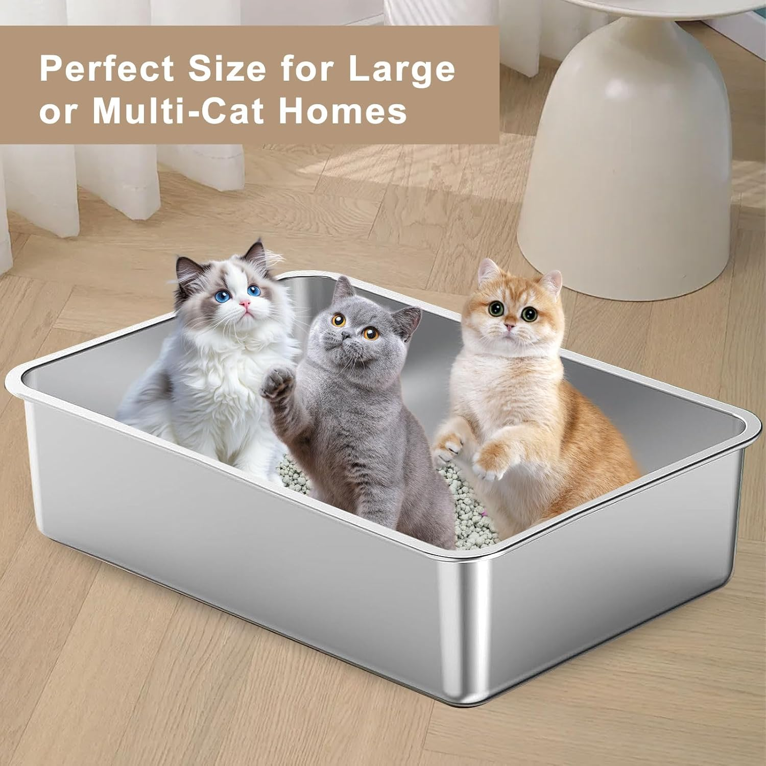 Stainless Steel Litter Box Large - 60X40 Metal Cat Litter Tray for Big or Multiple Cats, Non-Stick Kitty Litter Tray, Odor-Free Cat Litter Box, Easy to Clean & Rust Resistant (60X40X15 Cm)