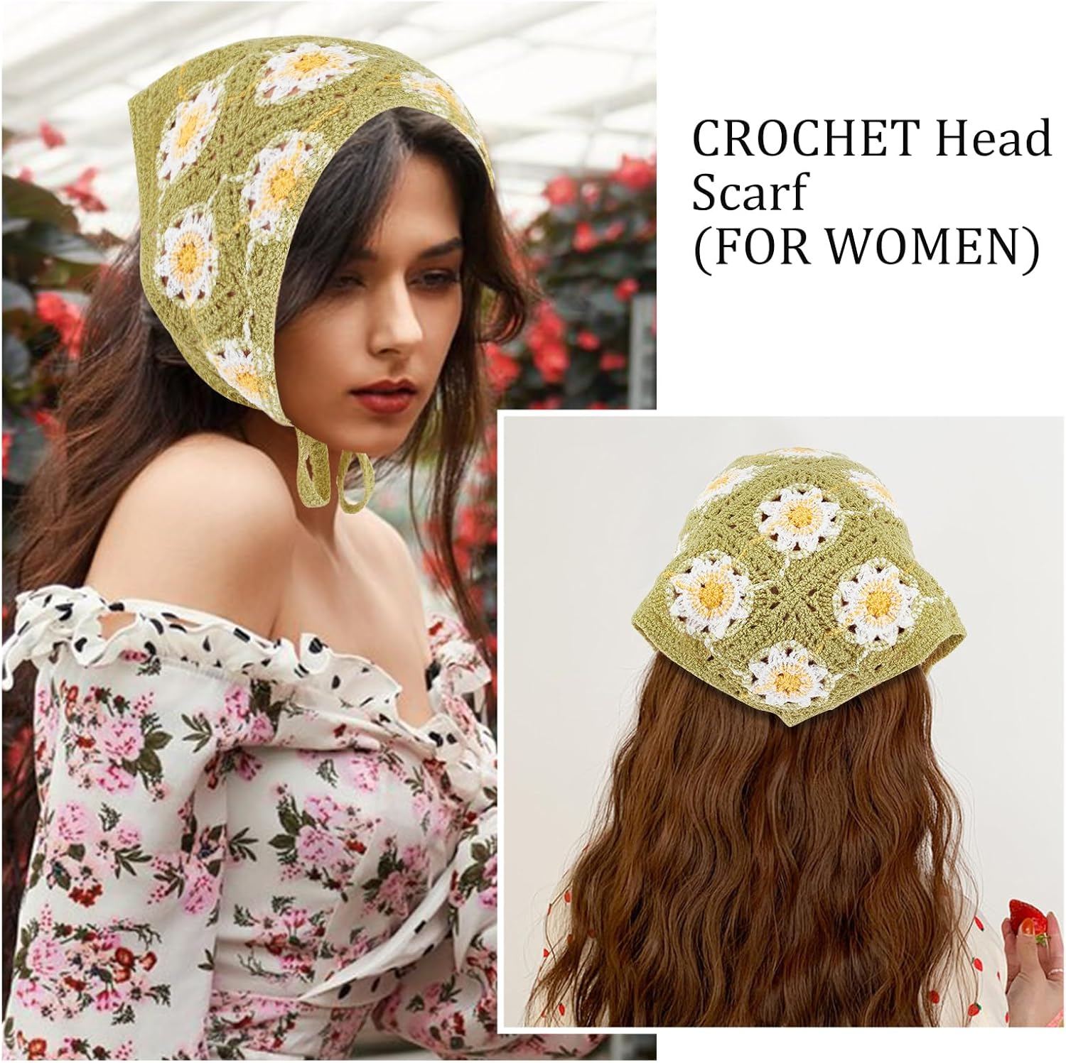 NICENEEDED 4 Pcs Crochet Bandanas Headbands, Flowers Knitted Headscarf Hairbands Foral Headwrap Knit Bandana Headband Scarf Tie-Back Head Coverings Hair Accessories image number 2