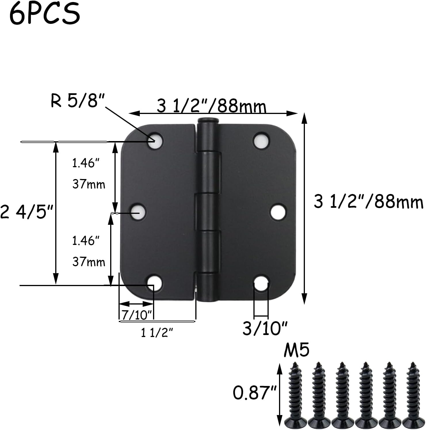 HEVSTIL 6 PCS 3.5 in X 3.5"" Black Door Hinges Matte Black Door Hinges Rounded Square Corner 3.5 Inch Exterior Interior Door Hinges for Doors,Standard Hardware Black 5/8""Radius round Hinge, ST2000 image number 1