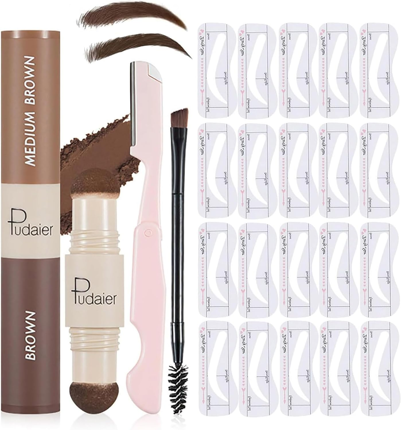Brown and Medium Brown Eyebrow Stamp Stencil Kit with Dual-Color Eyebrow Stamp Pomade,20 Reusable Eyebrows Stencils, Brush, Razor, Waterproof Eye Brow Stamping and Shaping