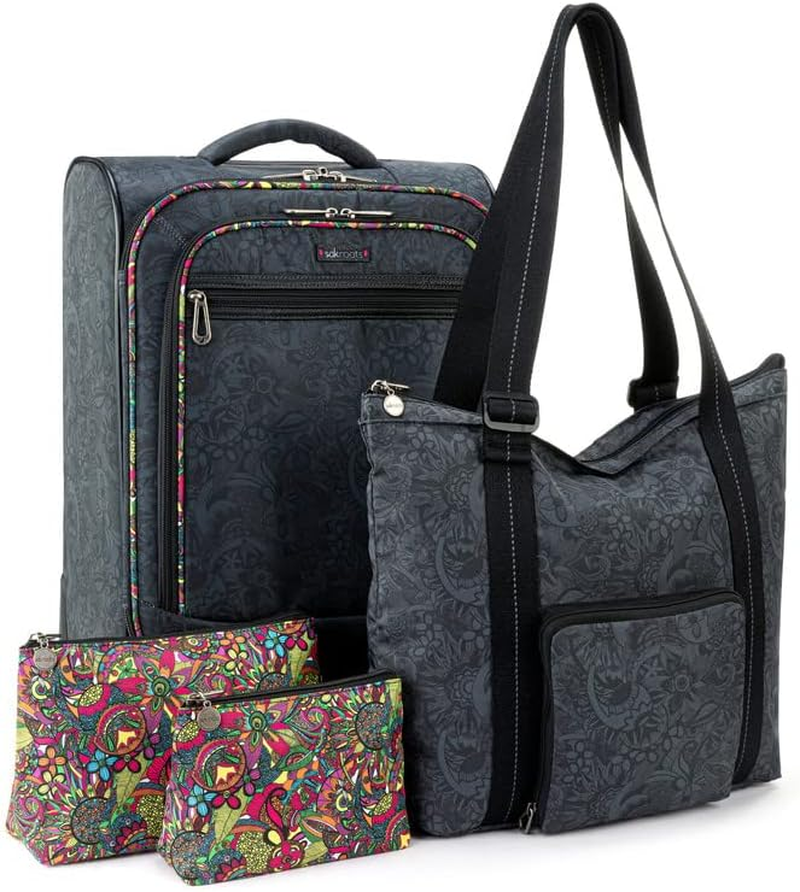 Sakroots on the Go 4 Piece Travel Bundle, Includes 21" Rolling Suitcase, Packable Large Tote, Medium & Small Pouches, Midnight Seascape