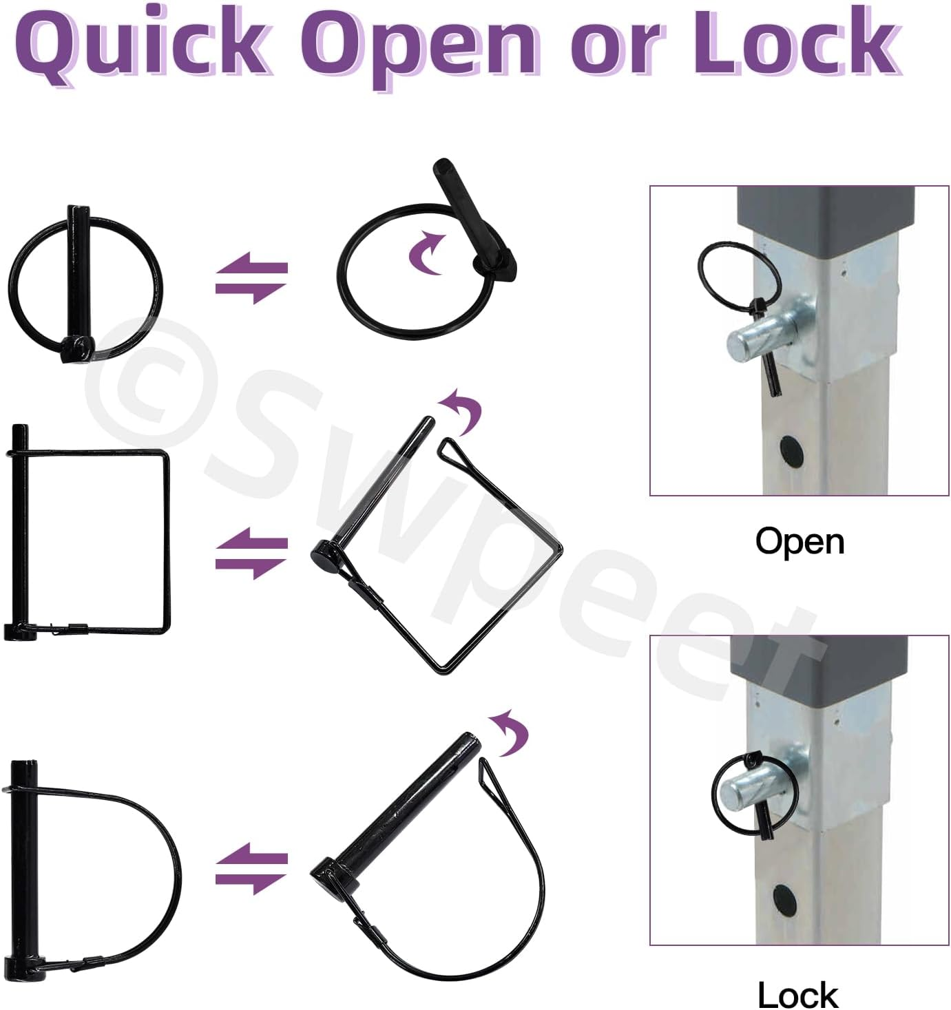 Swpeet 12Pcs 6 Sizes 1/4" 5/16" 3/8" Black Zinc Plated Heavy Duty Shaft Locking Pin Assortment Kit, Round/Square/Arch Safety Coupler Pin, Wire Lock Pin, Hitch Pto Pin for Trailers, Towing, Lawn image number 6