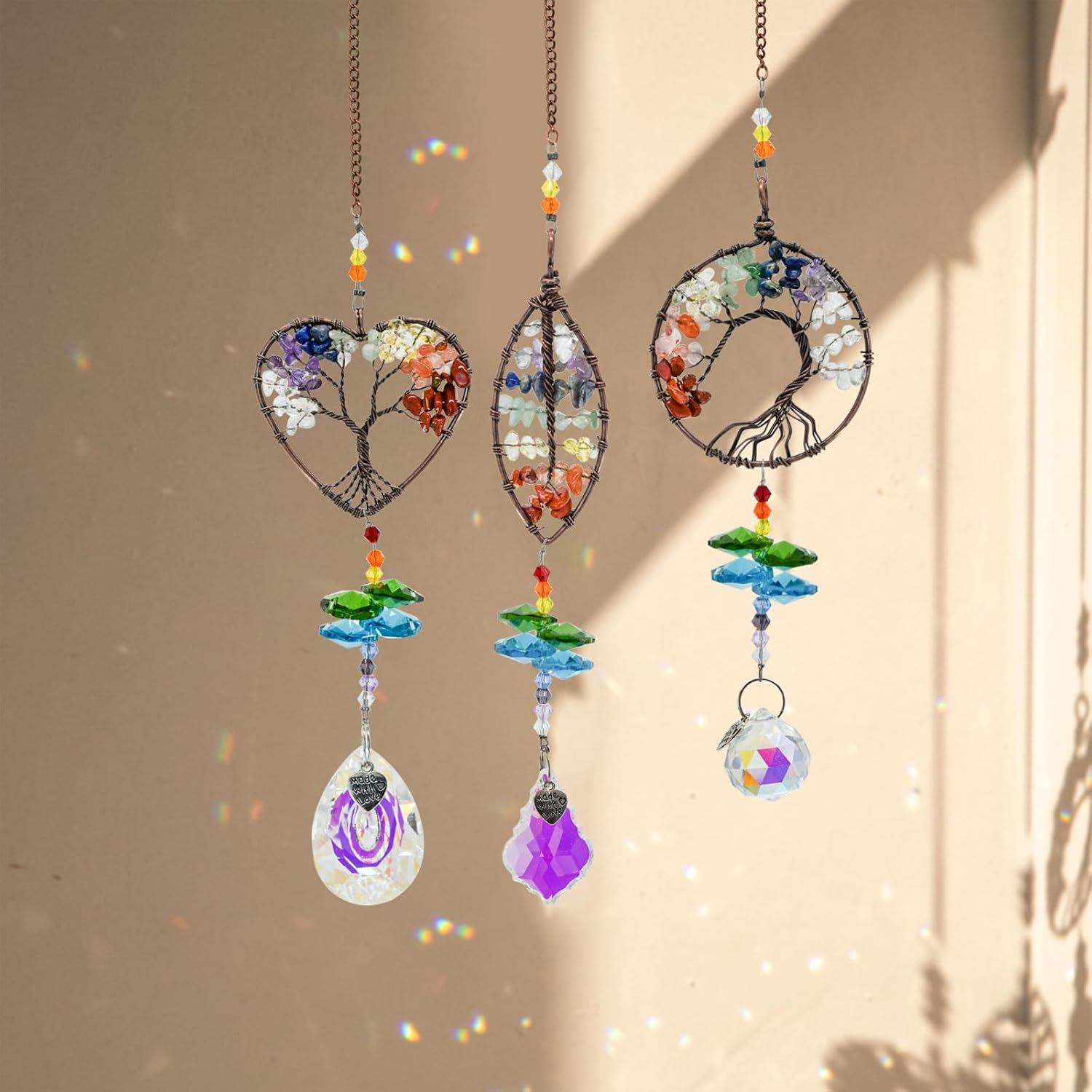 Mrmrkura Tree of Life Crystal Suncatcher for Window Hanging, 3 Pieces Rainbow Maker with Prisms Decorative Sun Catcher Crystals Ornament for Indoor Home Decor (Crystal)