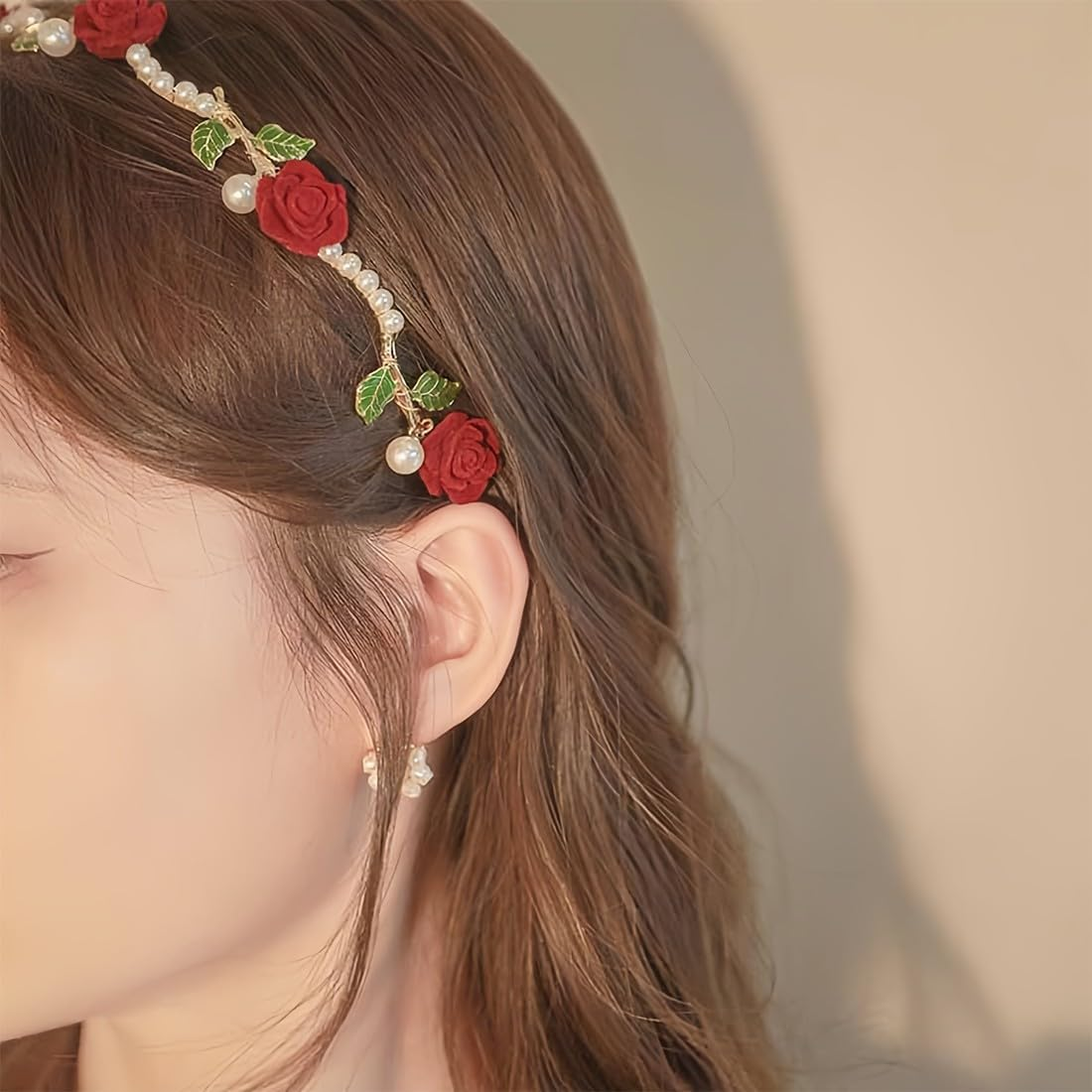 2 X Hair Band Made of Red Roses and White Rose Pearls, Bridal Headband, Light Gold Wedding Hair Band, Faux Pearl, Rhinestone Hair Crown, Crystal Pearl, Bridal Tiara, Hair Bands, Elegant Accessories image number 4