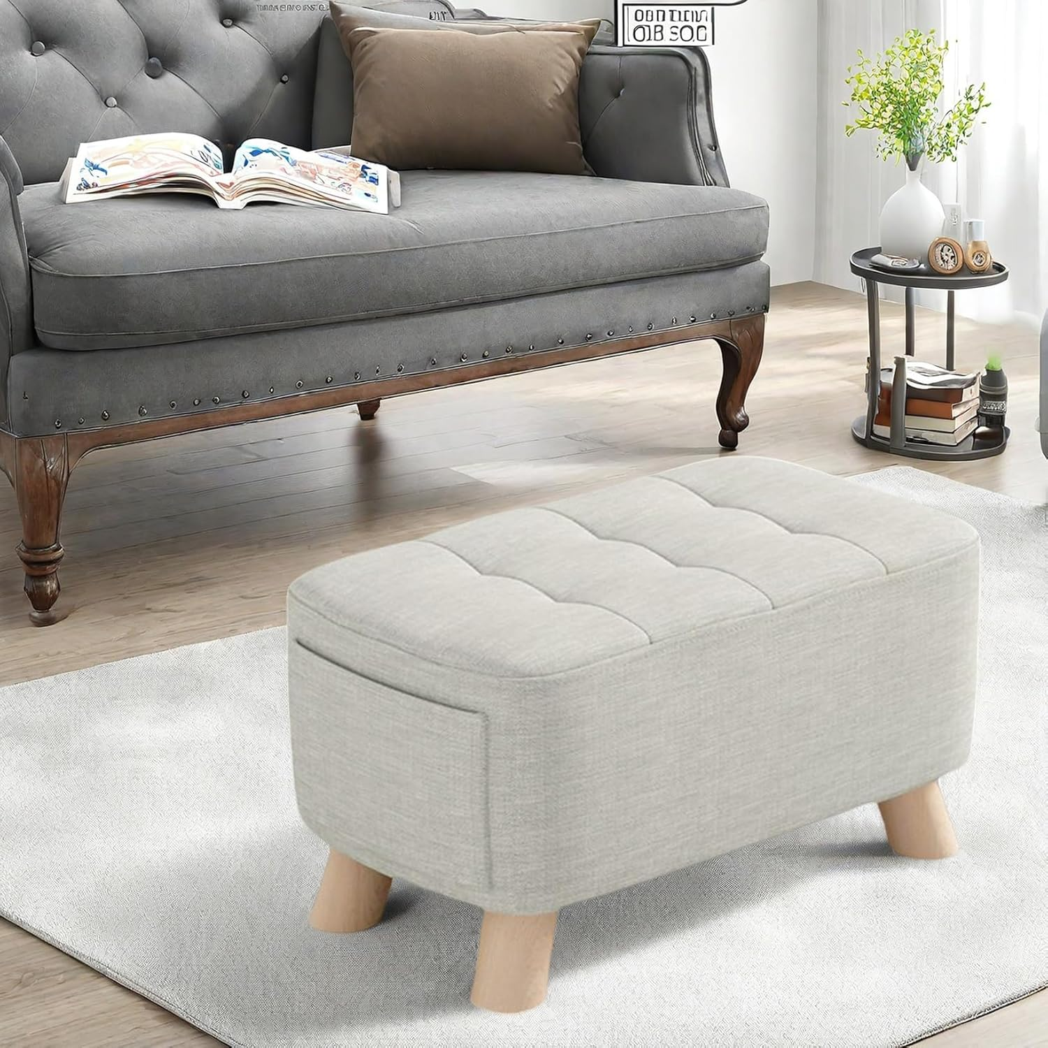 Modern Ottoman Footstool with Wooden Legs, 40 X 28 X 28 Cm, Fabric, Wooden Frame, 150 Kg Capacity A265 (A Blue)