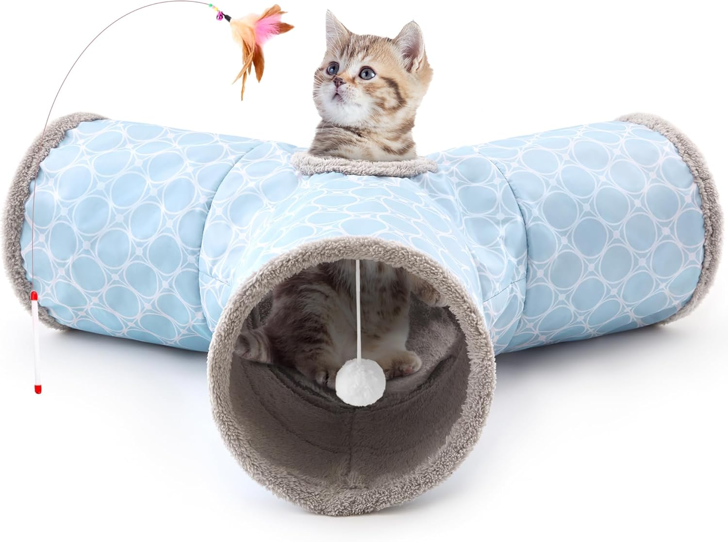 Tempcore Cat Tunnels for Indoor Cats Fleece-Lined in for Warmth, Pet Tube Toys 3 Way Collapsible, Pet Play Tunnel with Peek Hole Toy Ball for Kitty, Kitten, Rabbit, Geometry Blue - 3-Way Blue image number 7