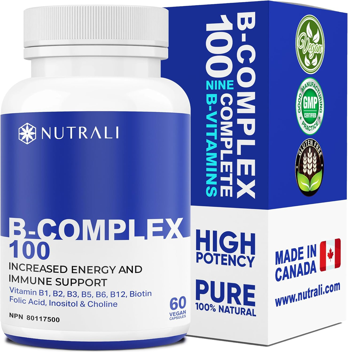 NEW B-COMPLEX 100 High Potency Capsules, 9 Complete B Vitamins - B1, B2, B3, B5, B6, B7, B9, B10, B12 for Men and Women, Reduced Stress, Improved Immune Support, Hair, Skin, Nail & Eye Health, and Brain Function &ndash; Gluten Free, Non-Gmo, Vegan - (1 Pack) 60 Capsules