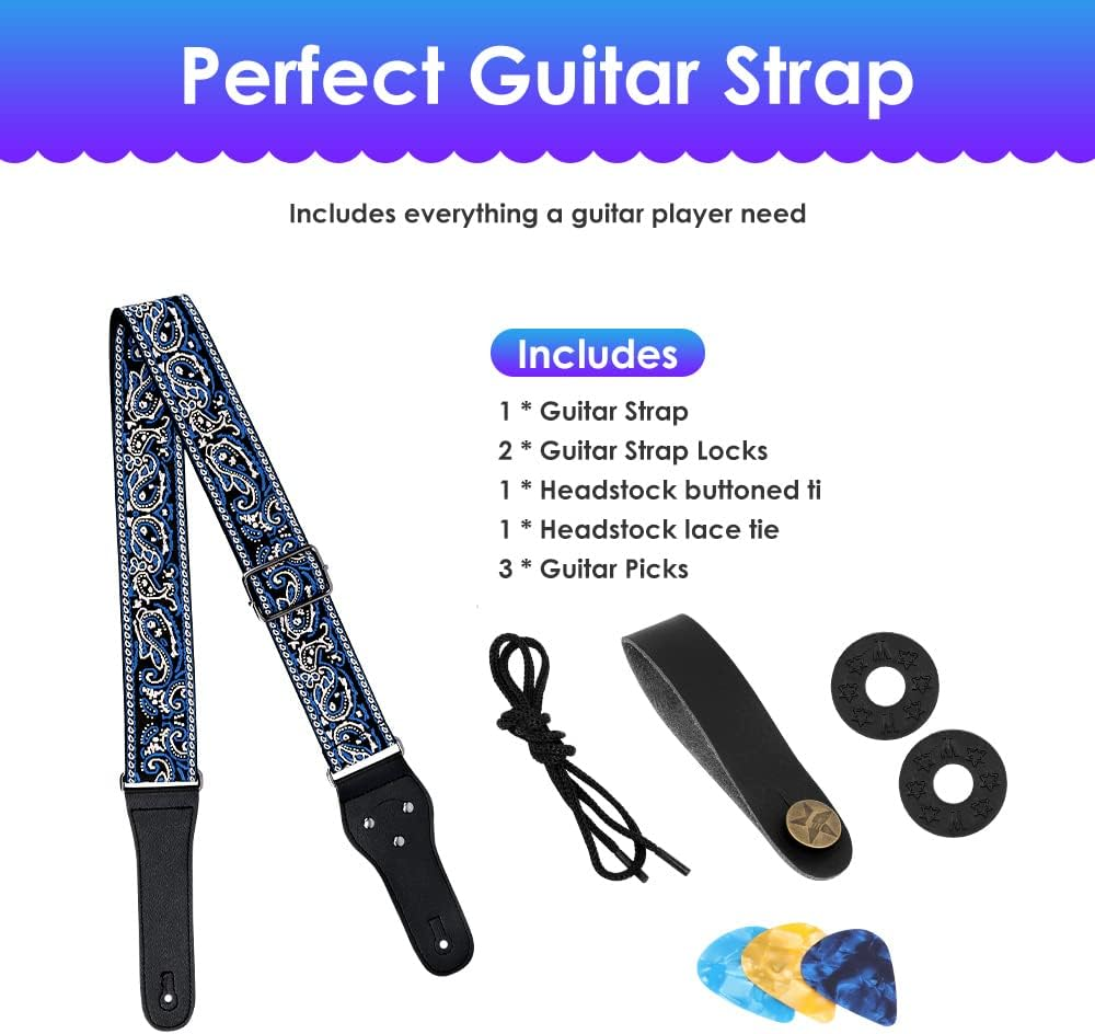 AUTOWT Guitar Strap, Vintage Embroidered Cotton Guitar Straps with Genuine Leather Ends for Bass Electric & Acoustic Guitars with Strap Locks Headstock Buttoned Tie Headstock Lace Tie 3 Guitar Picks image number 6