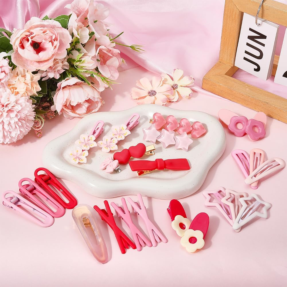 SOFPLATE Pack of 24 Kawaii Hair Clips, Aesthetic Hair Clips, Pink Bow, Alloy, Colourful, Star, Flowers, Elegant Decorative Iron Alligator Headpiece, Bobby Pins, Accessories for Long Short Party image number 2