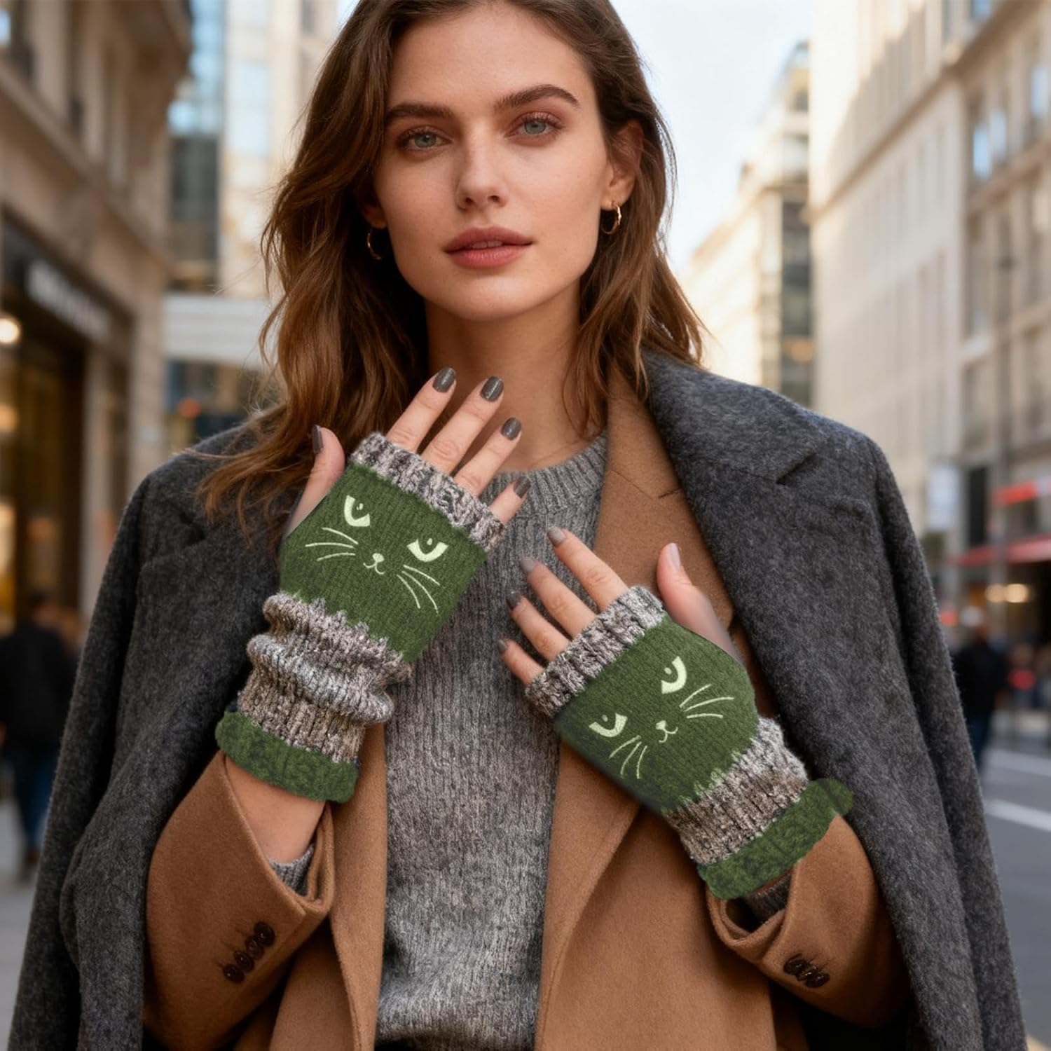 Cat Embroidery Patchworks Knitted Gloves, Cat Embroidery Outdoor Warming Supplies,Fashionable Fingerless Casual Women'S Gloves for Cats Lovers Women Girls Ladies - Black image number 3