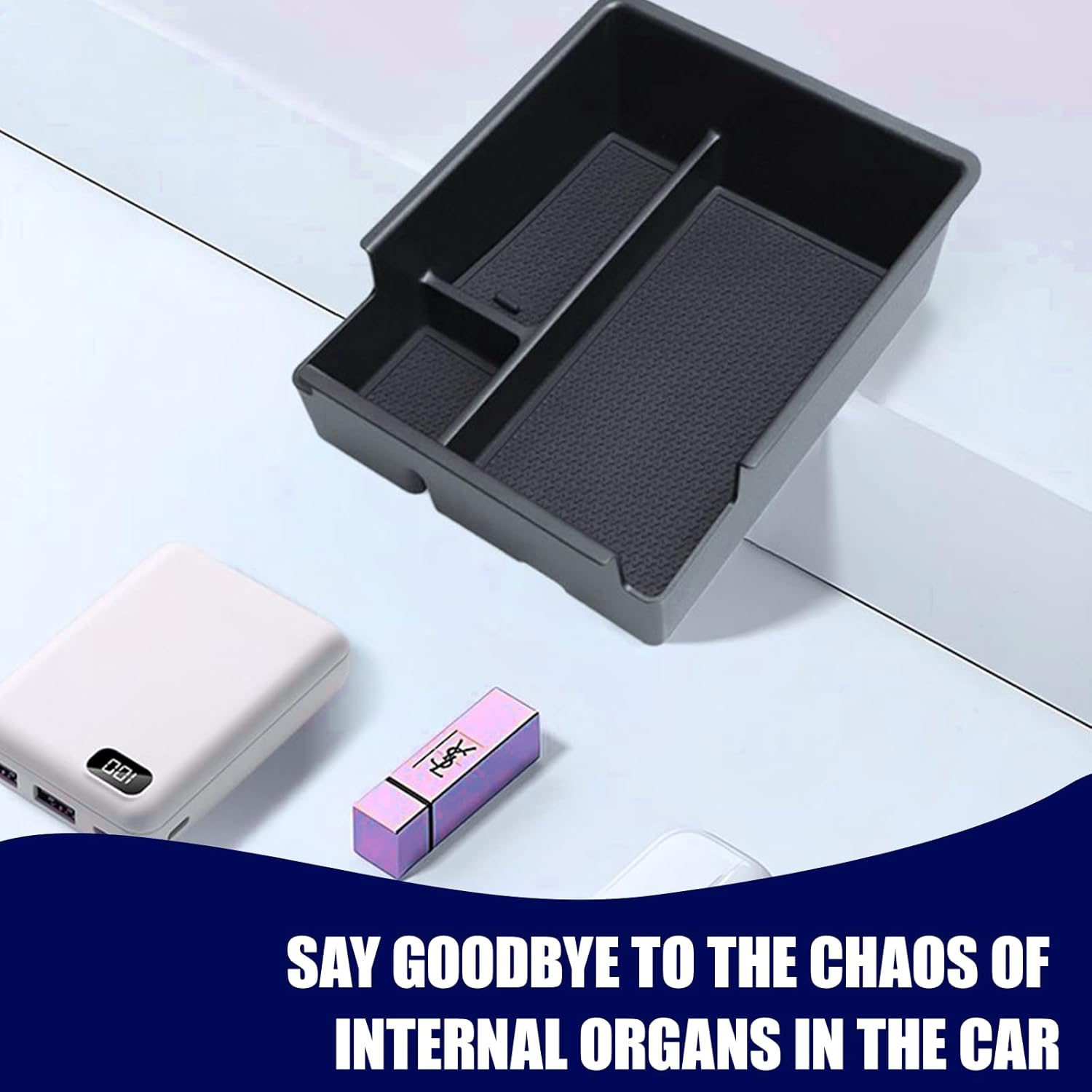 Car Organizer Tray for Vehicles ABS Non Slip Center Console Storage Box with Removable Dividers Black Universal Fit Car Accessories 18X6.5X21.3Cm image number 4