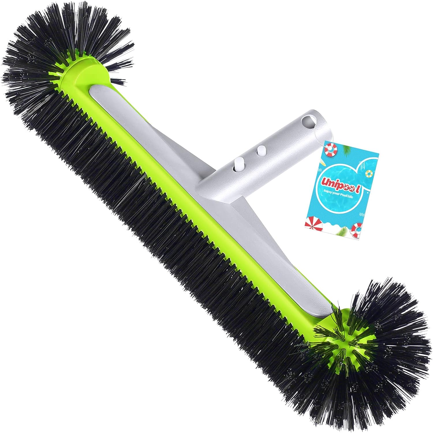 Swimming Pool Brush Head with round Ends,17.5" Heavy Duty Aluminum Back Head for Cleans Walls, Tiles & Floors, 7 Rows Premium Nylon Bristles with EZ Clips (Green Black)