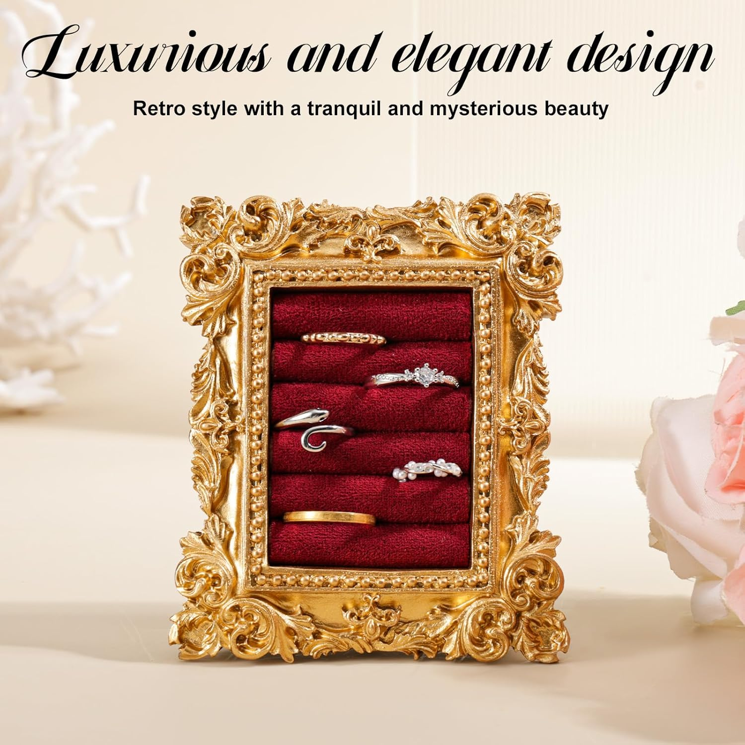 Vintage Ring Display Stand, Baroque Ring Holder Earring Display Tray Jewelry Organizer Birthday Engagement Wedding Decoration for Women (Wine Red) - Wine Red image number 3