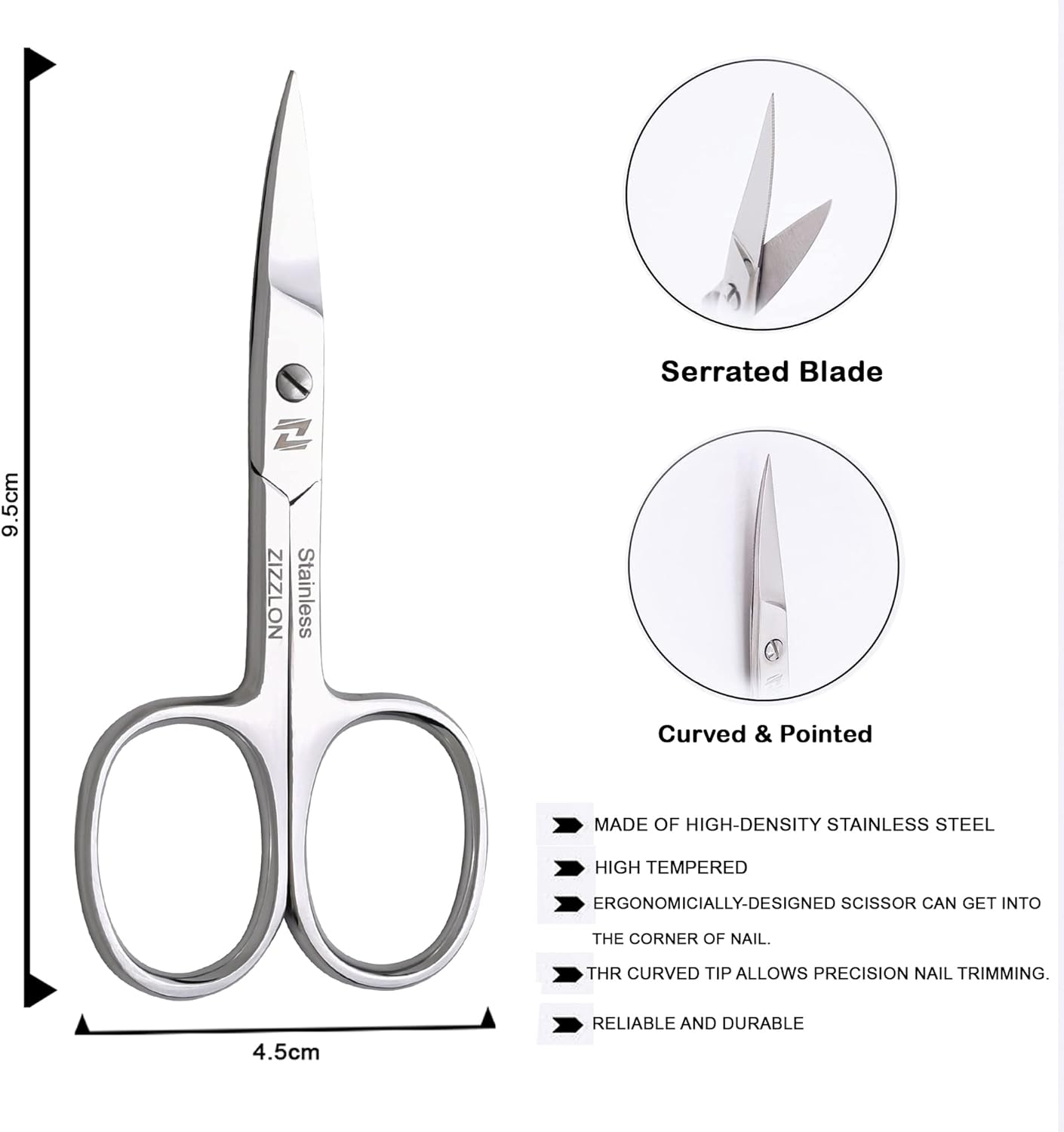 ZIZZLON Nail Scissors Curved Micro Serrated Stainless Steel Eyebrow Scissors for Eyelash, Mustache, Beard, Nose Hair, Toenail &ndash; Pedicure, Manicure Scissors for Men and Women image number 2