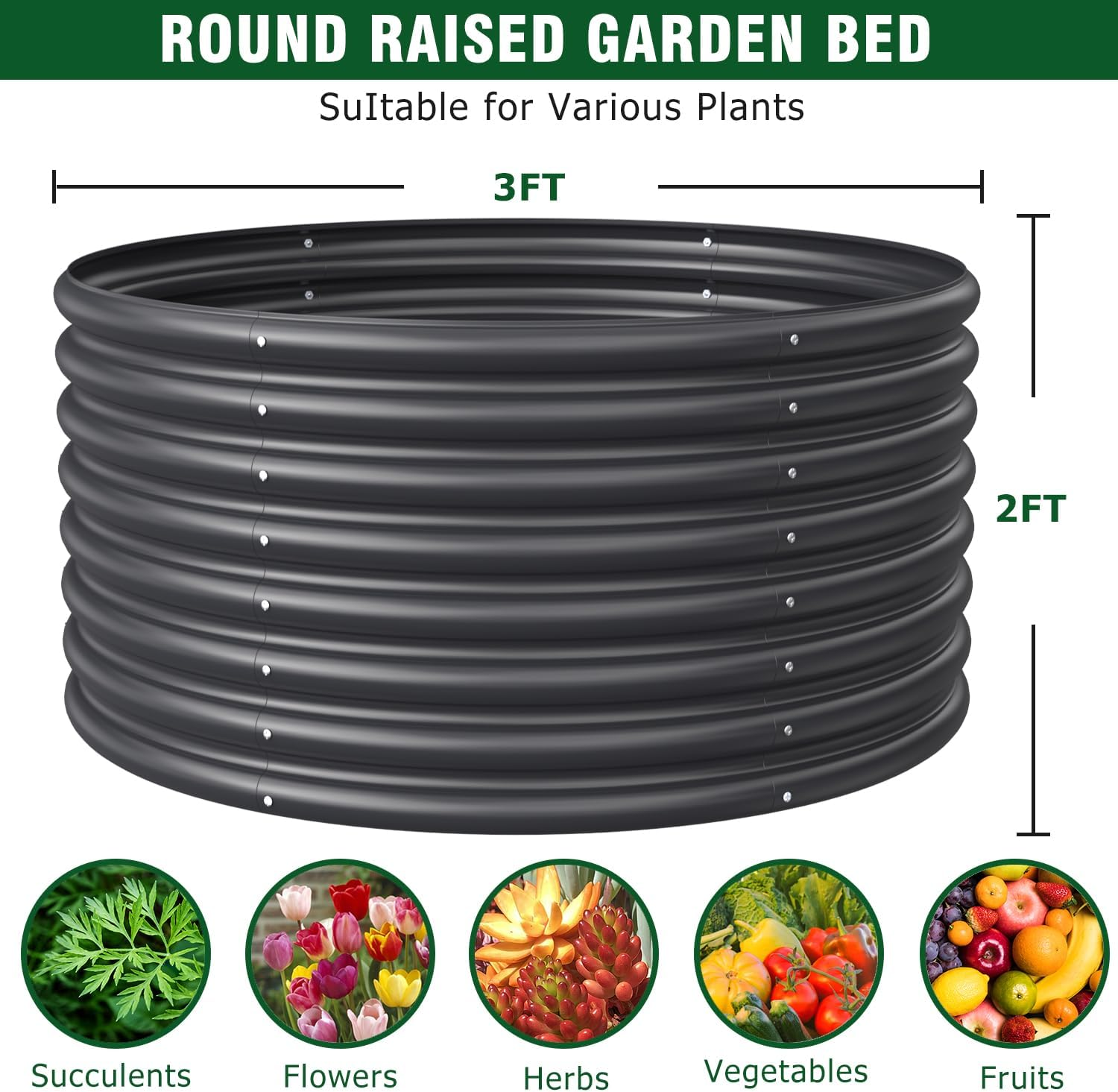 FRIZIONE 2-Pack 3FT(D) X2Ft(H) round Galvanized Raised Garden Bed Outdoor, Metal Raised Garden Beds for Flower, Raised Planter Box Outdoor for Herb, Vegetable-Gray image number 2