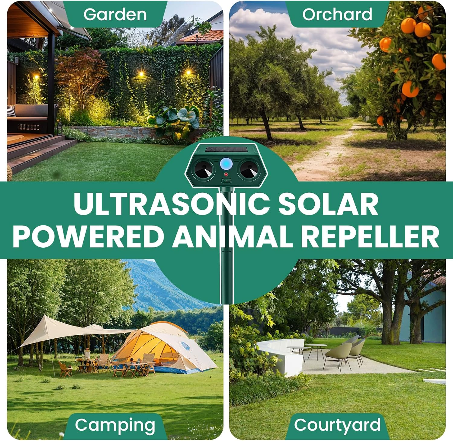 2 Pack 2025 Ultrasonic Animal Repellent, Outdoor Solar Powered Cat Repellent Devices Bird Possum Snake Repellents Motion Activated Deterrent Deer Squirrel Rabbit Raccoon Skunk for Yard Lawn