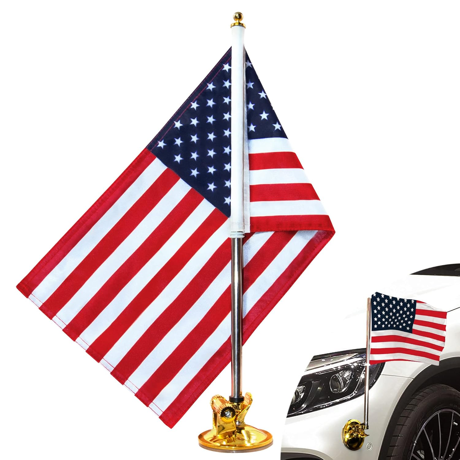 Anley USA Car Flag & Flagpole with Air Suction Mount - Outdoor Suction Cup Style Flag Pole for Car, Truck, Boat and Vehicle with American Flag (Set of 1) image number 1