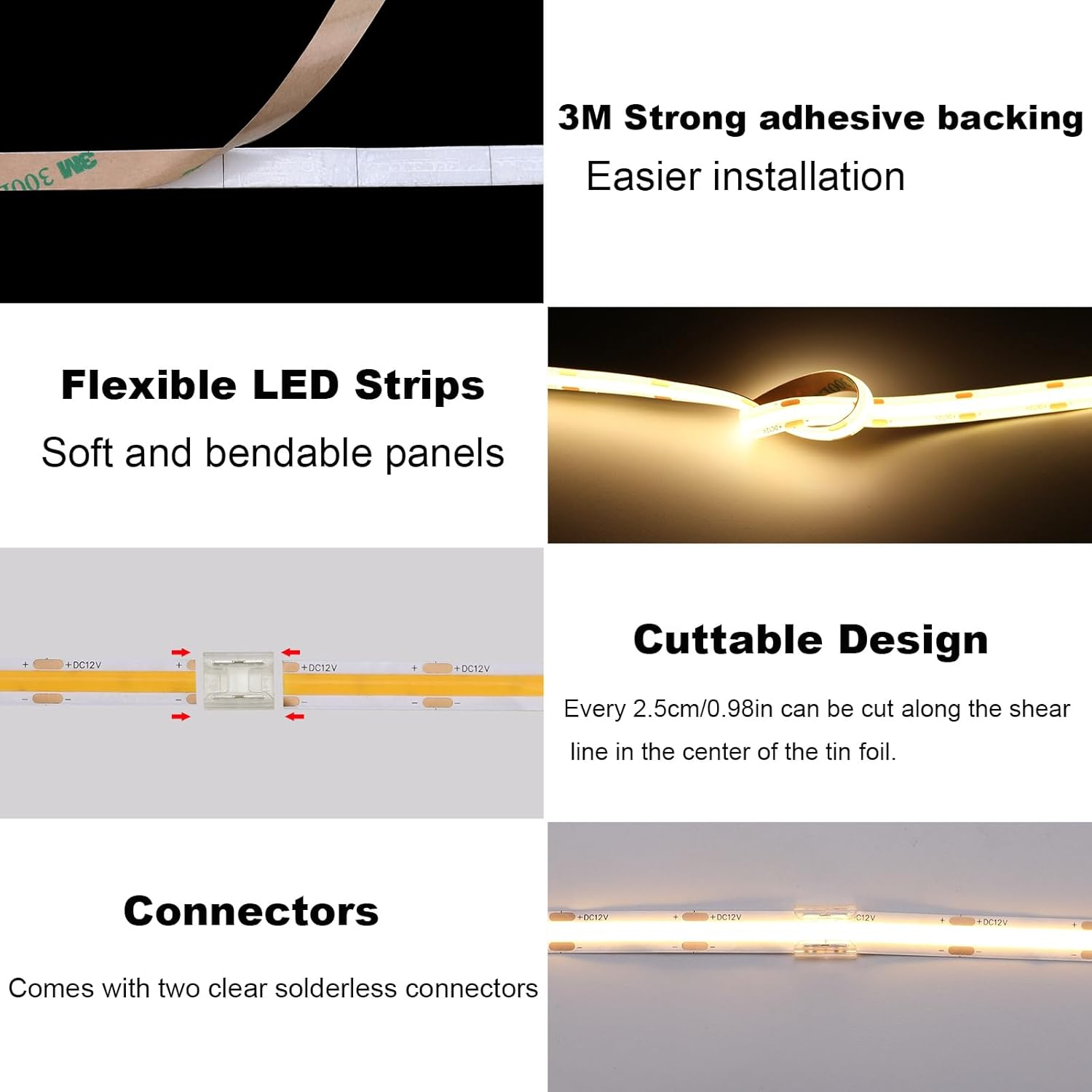 TOPAI COB LED Strip 12 V Warm White Outdoor Waterproof IP65, 5 M LED Strip 3000 K Self-Adhesive, Cuttable, CRI>90, 480Leds/M High Density, Width 8 Mm, for Kitchen, Cabinet, Home Decoration image number 5