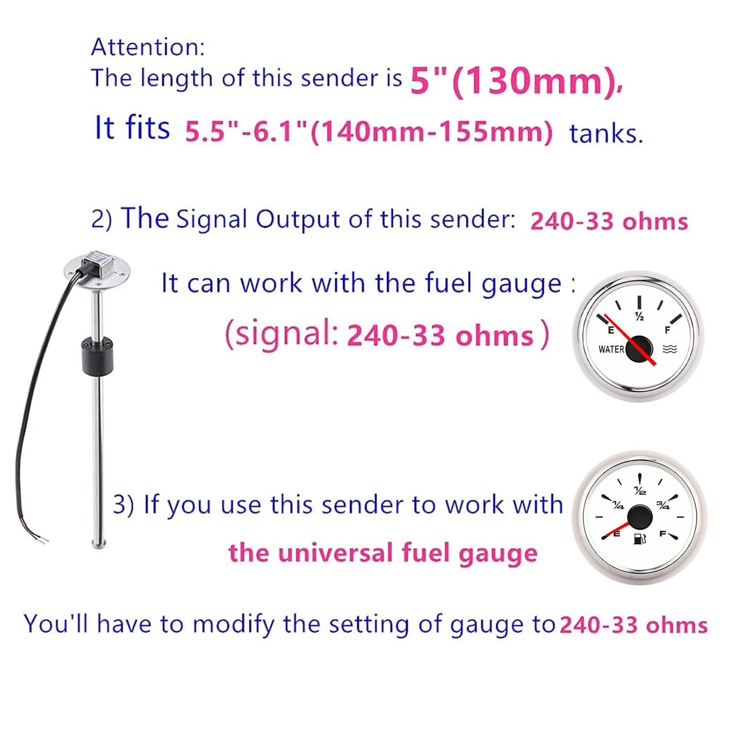Fuel Level Sensor 240 to 33Ohms 5In IP67 Protection Rust Proof Boat Water Level Sending Unit for Truck RV image number 4