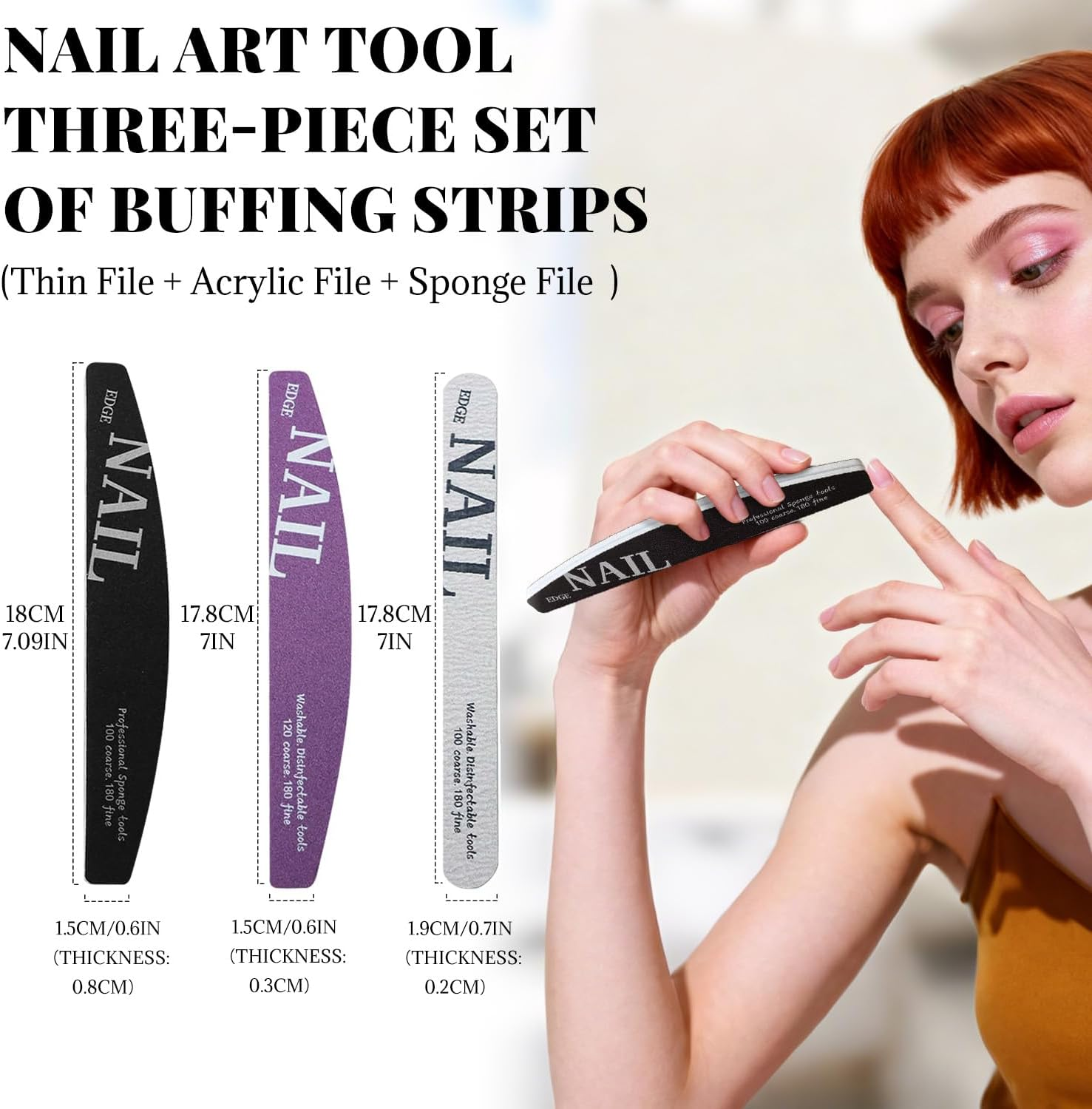 BOROLA 3PCS Nail Buffers Set for Acrylic & Natural Nails, Double Sided Manicure Tools Kit with Thin, Acrylic, Sponge File for Shaping, Smoothing and Polishing image number 1