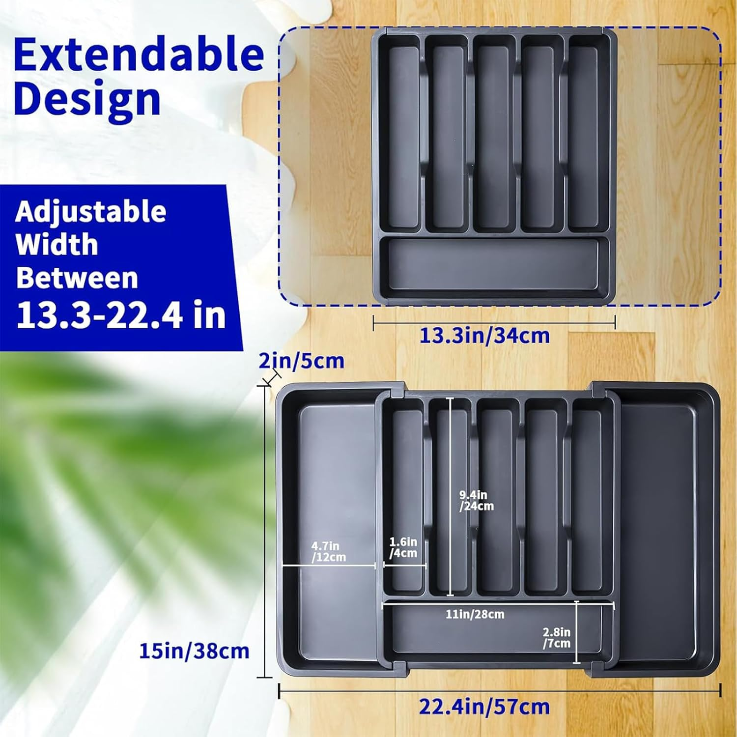 Expandable Cutlery Drawer Organizer, Flatware Utensil Tray for Kitchen, Adjustable Cutlery Storage for Forks, Knives, Multipurpose Kitchen Organizers (Black) image number 1