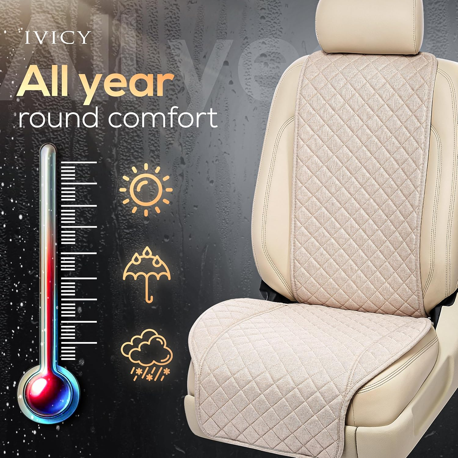 IVICY Linen Car Seat Cover for Cars - Non-Slip Soft & Breathable - Front Car Seat Protector Covers Universal Fits Most Automotive, Vans, Suvs, Trucks - 1 Unit - Beige - Black Ws Ln image number 6