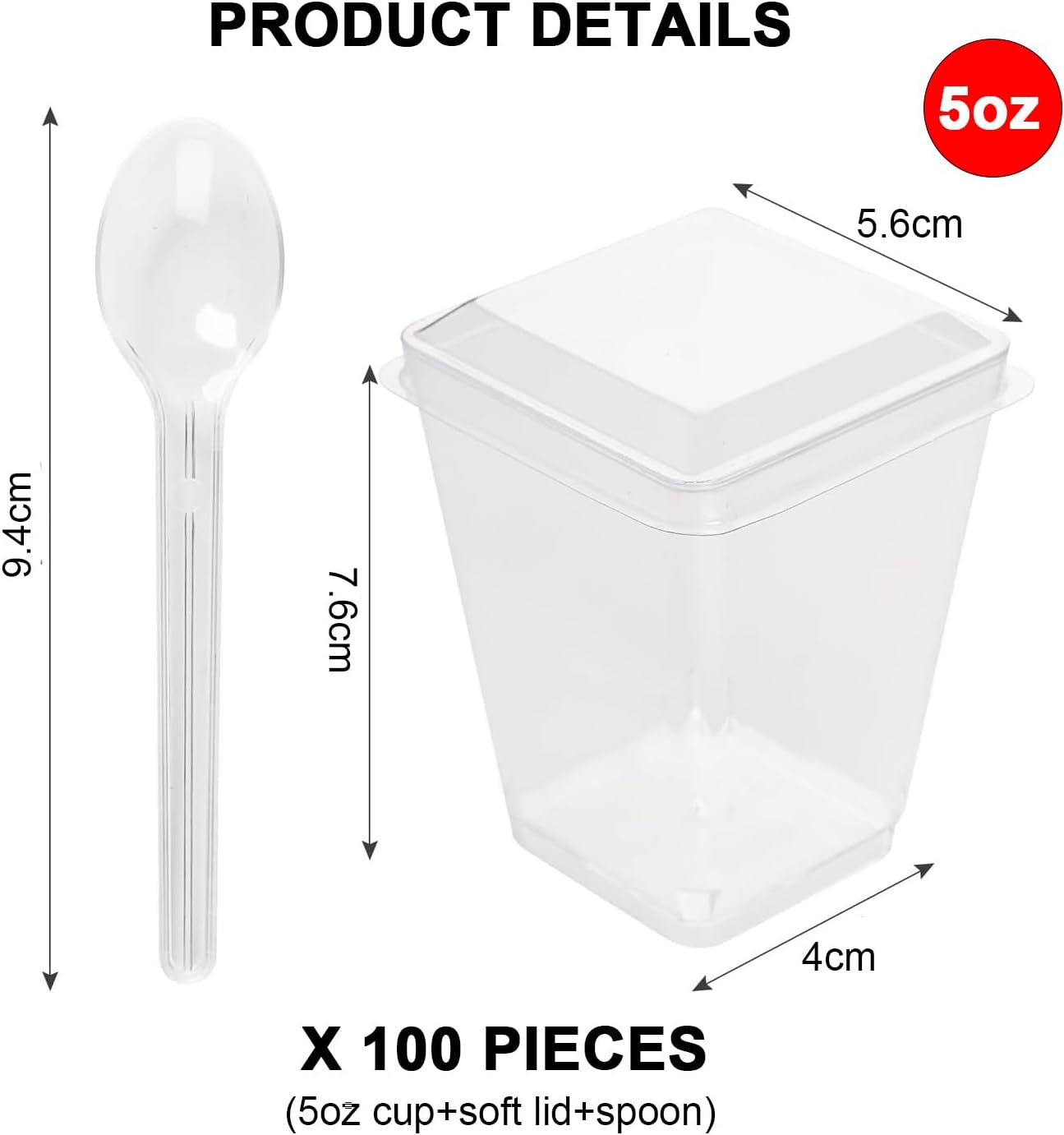 100 X 150Ml Dessert Cups with Lids & Spoons, Mini Clear Plastic Cups, Small Reusable Serving Bowl for Mousse, Pudding, Ice Cream, Desserts, Drinks, Etc. (5Oz-Lids-Spoons)